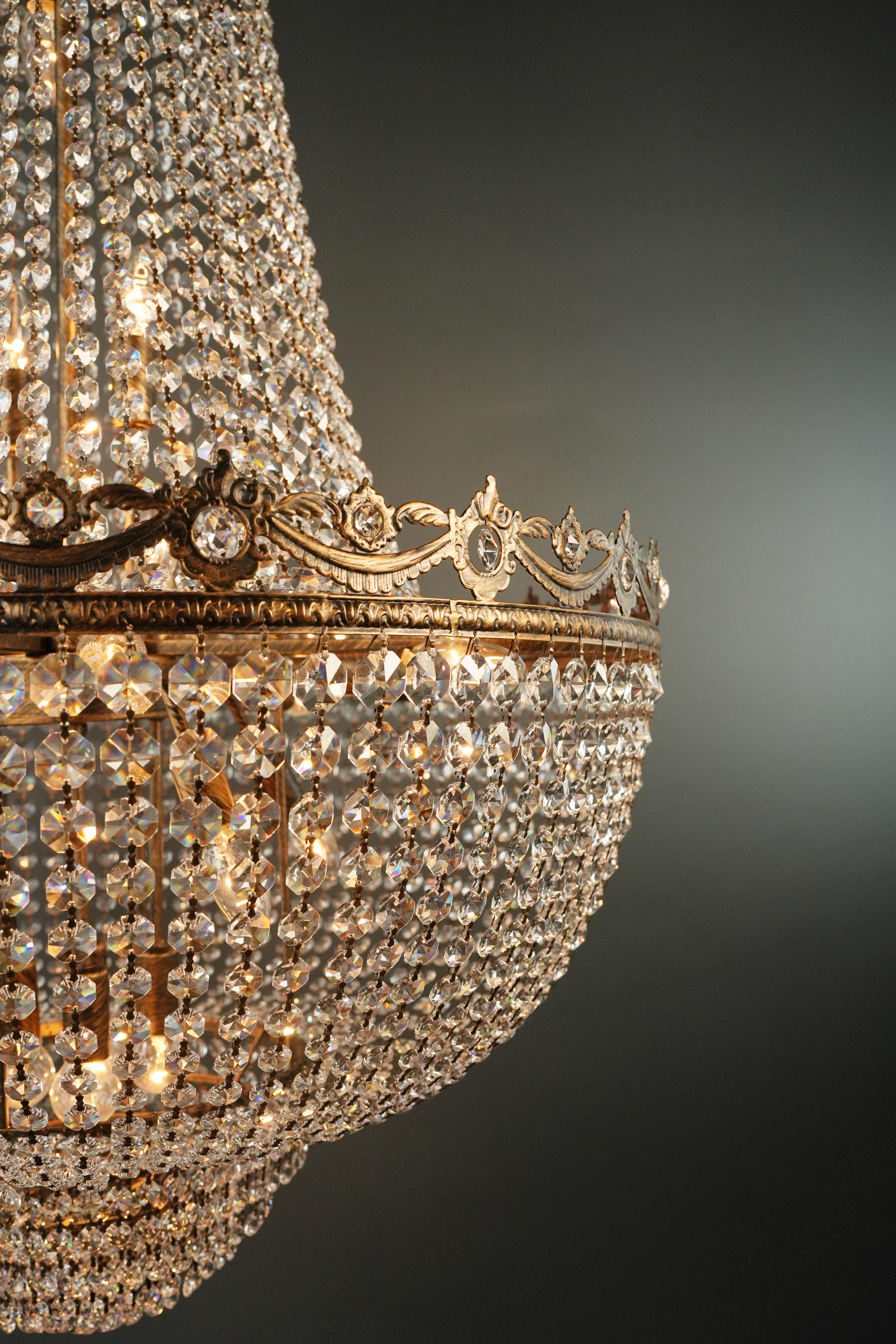 German Montgolfiè Antique Lok Crystal Chandelier Empire Sac a Pearl Lamp Chateau Lustre For Sale