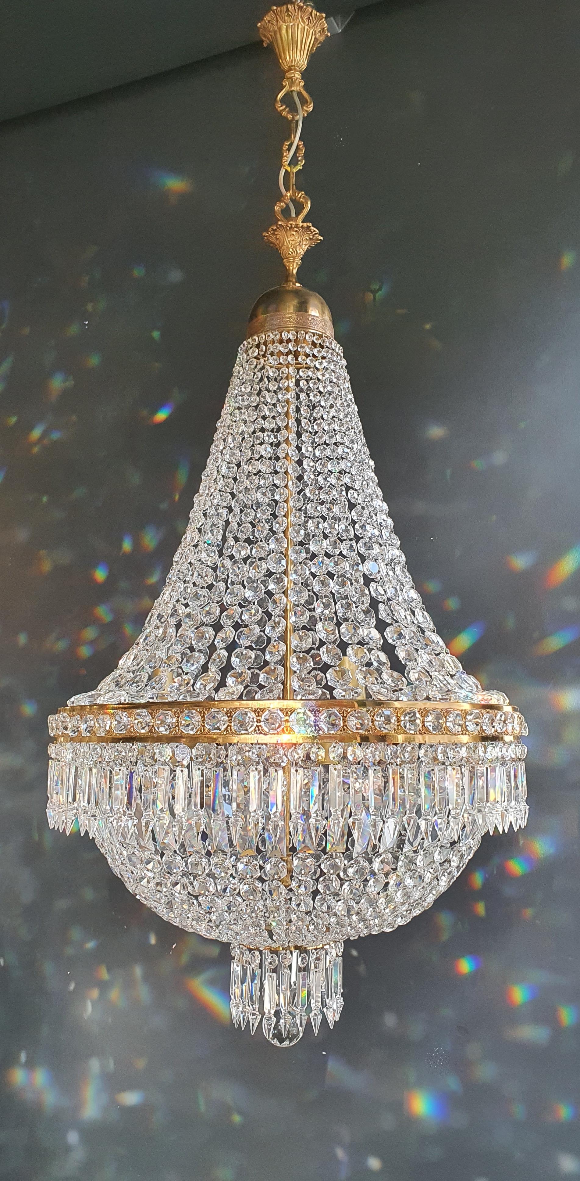 Mid-20th Century Montgolfiè Empire Brass Sac a Pearl Chandelier Crystal Lustre Ceiling Antique