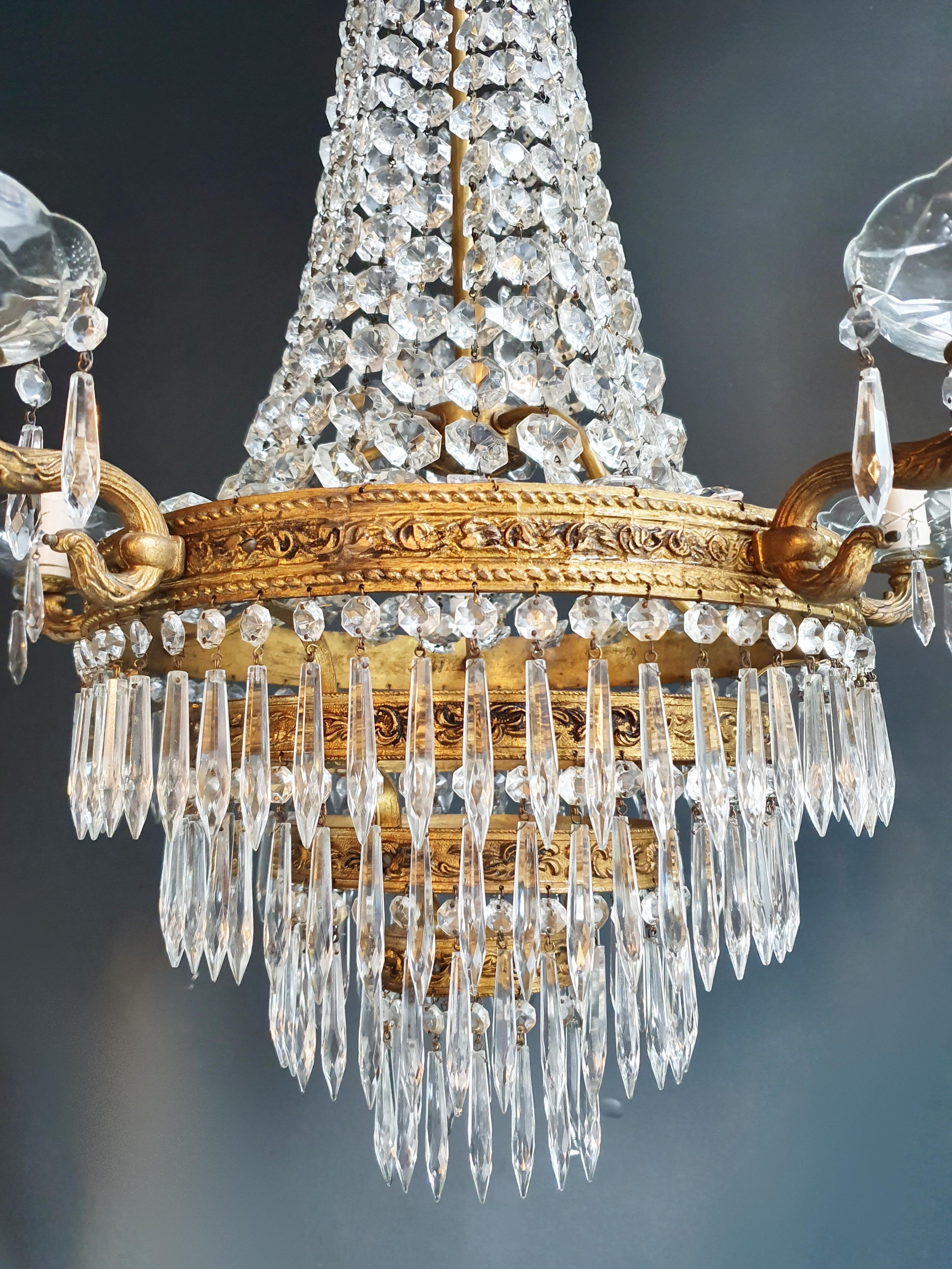 Laiton Montgolfiè Empire Sac a Pearl Lustre Cristal Lustre Ceiling Lamp Antique en vente