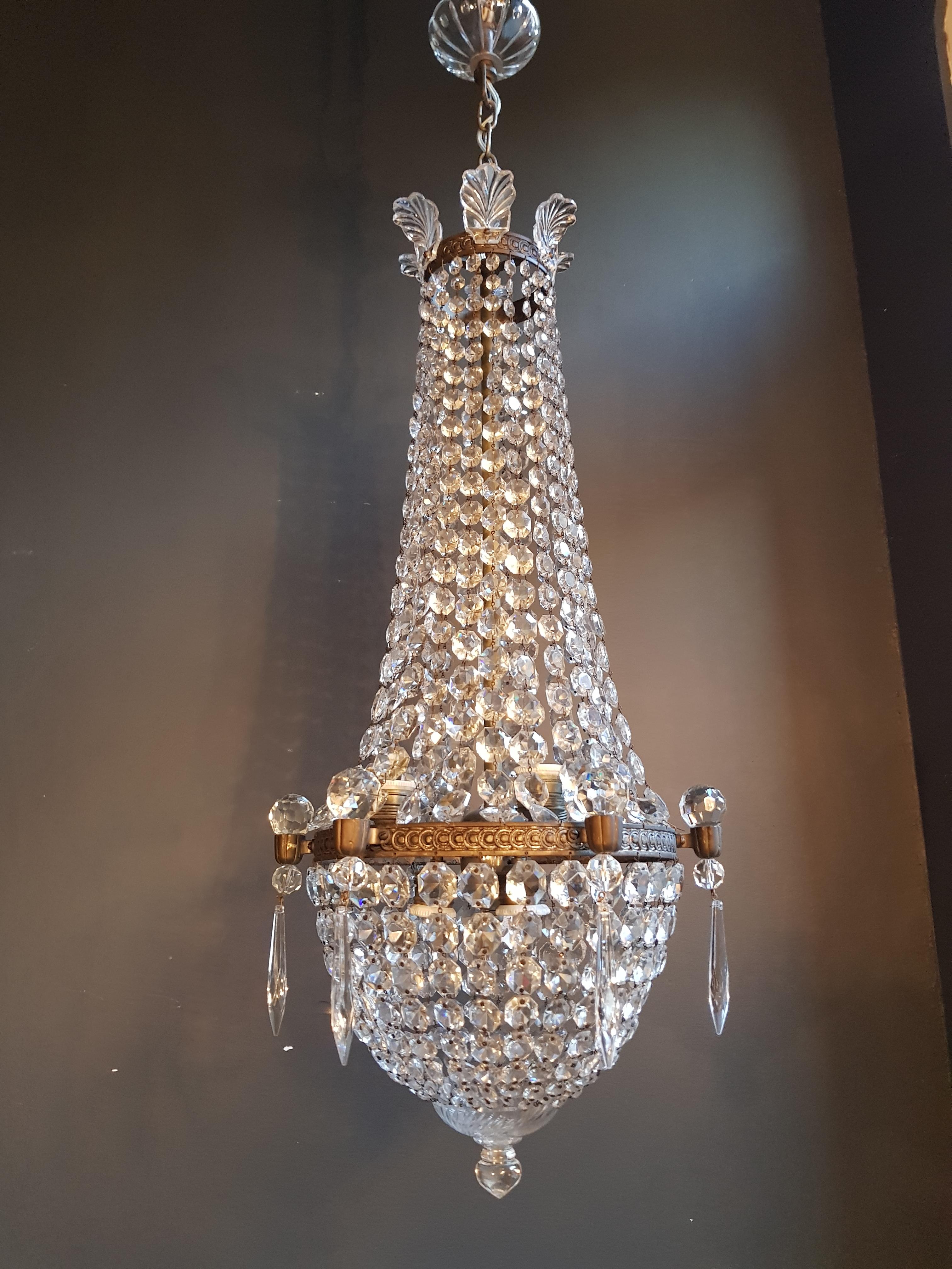 Mid-20th Century Montgolfièr Empire Sac a Pearl Chandelier Crystal Lustre Ceiling Lamp Basket 
