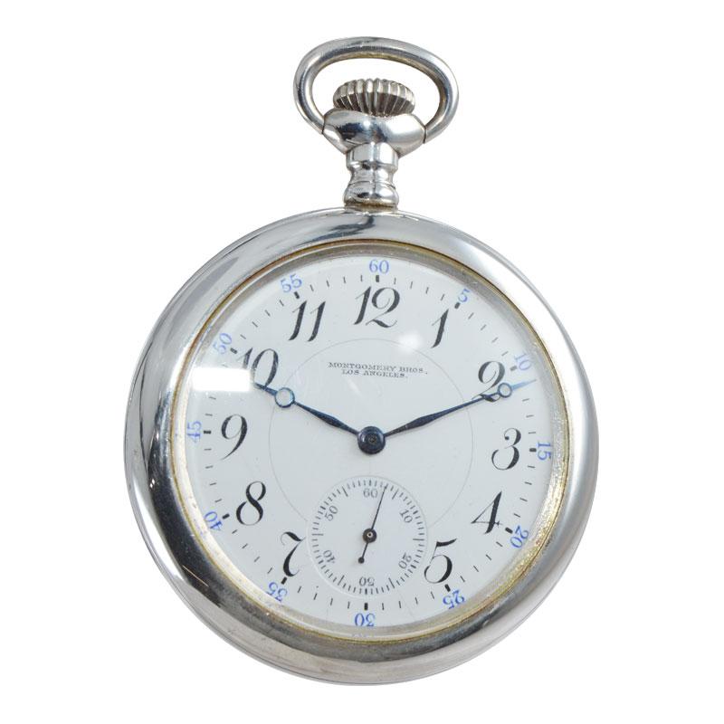 FACTORY / HOUSE: Waltham Watch Company for Montgomery Bros. 
STYLE / REFERENCE: Open Faced Pocket Watch 
METAL / MATERIAL: Sterling Silver
CIRCA / YEAR: 1910
DIMENSIONS / SIZE:  48mm
MOVEMENT / CALIBER: Manual Winding / 19 Jewels 
DIAL / HANDS: Kiln