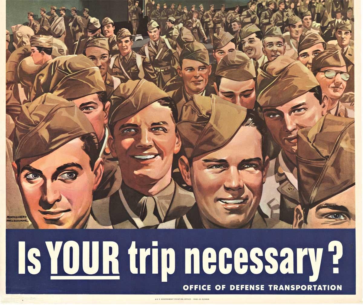 Is YOUR trip necessary?' Vintage-Poster aus dem Zweiten Weltkrieg  Zweiter Weltkrieg (Amerikanische Moderne), Print, von Montgomery Melbourne