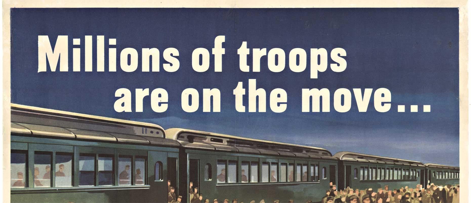 Is YOUR trip necessary?' Vintage-Poster aus dem Zweiten Weltkrieg  Zweiter Weltkrieg (Grau), Print, von Montgomery Melbourne
