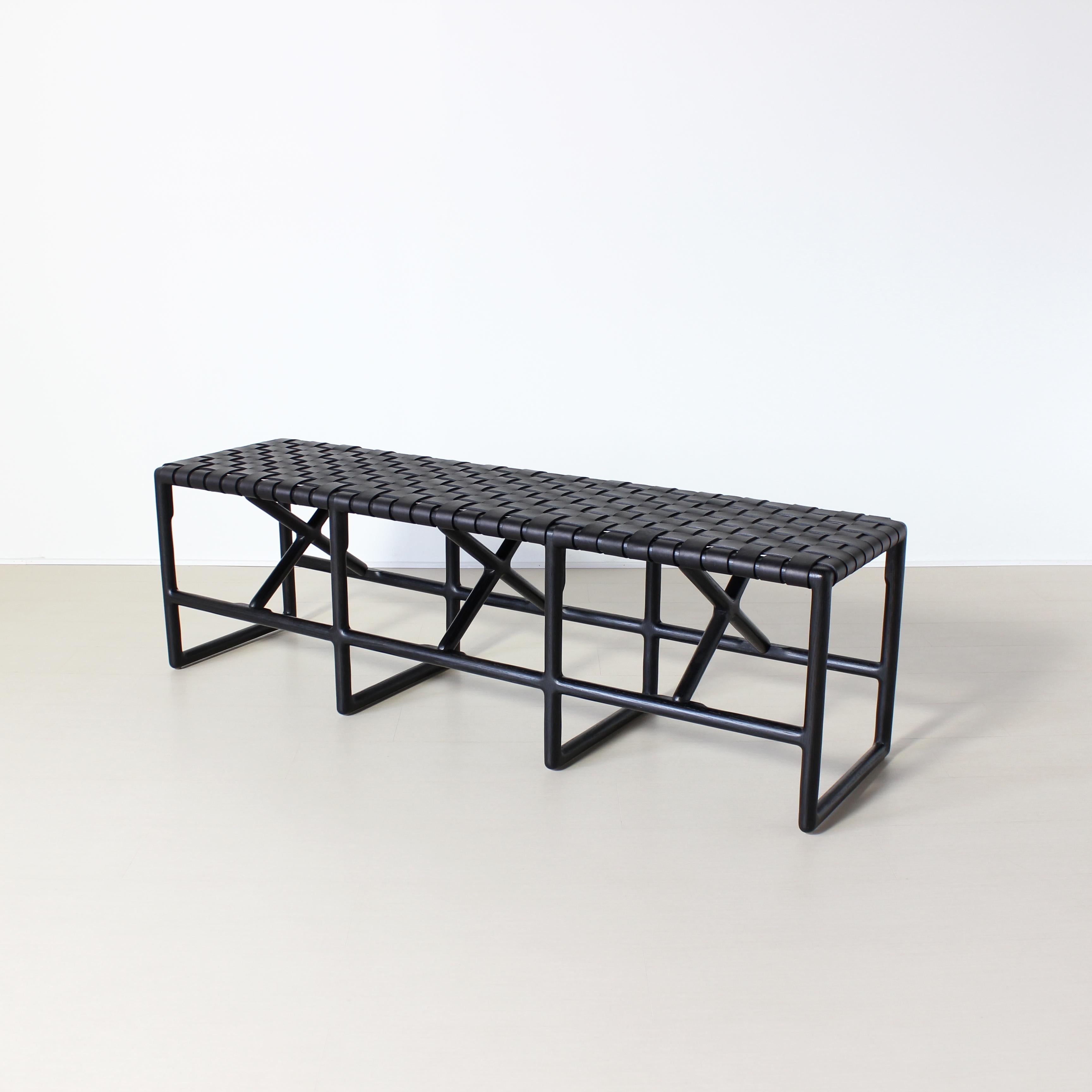 Contemporary Montgomery Woven Leather Bench 60in For Sale