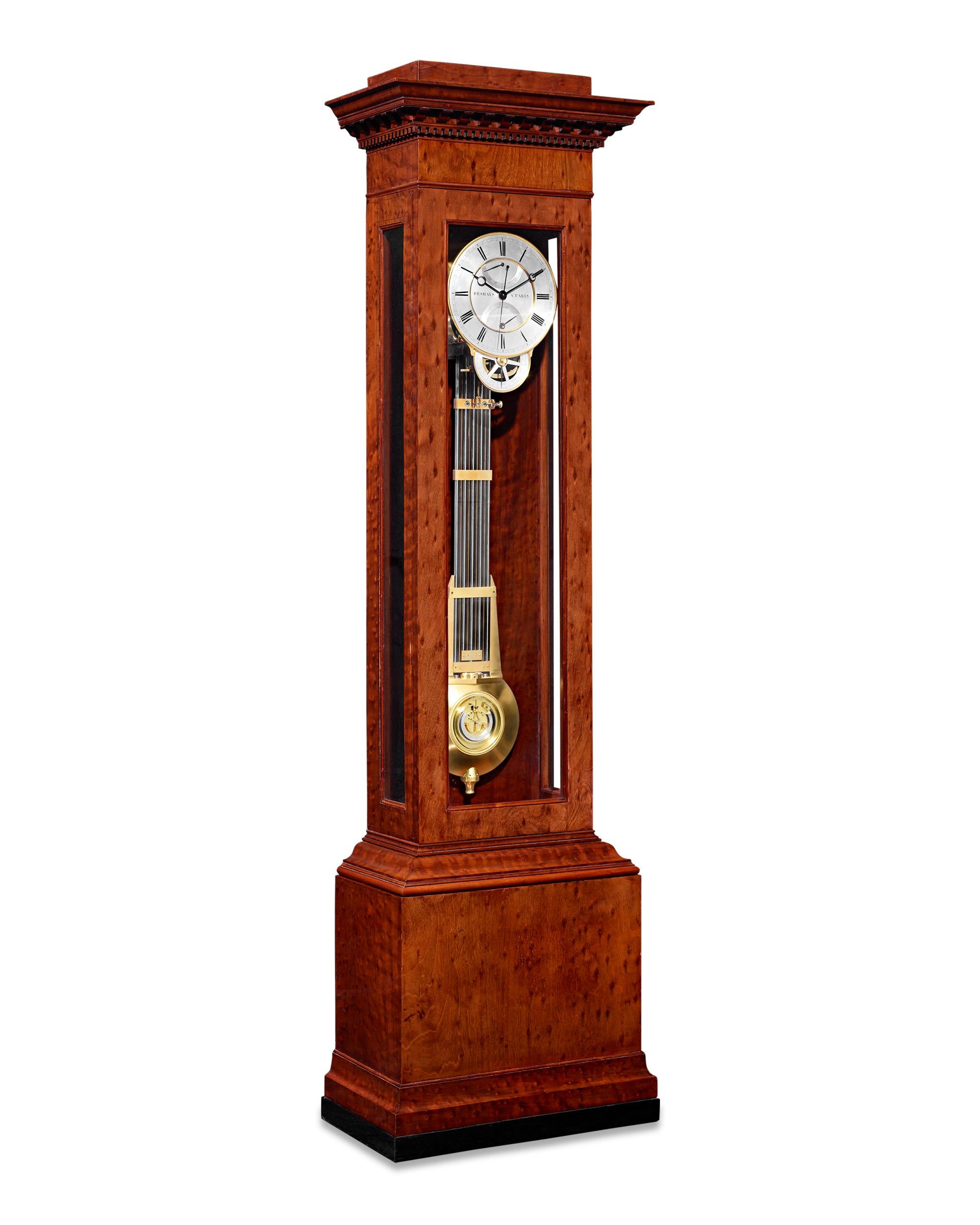 This Louis-Philippe-period month-going longcase regulator clock is an exceptional example of French clockmaking, and its complicated mechanism marks several different aspects of passing time. Crafted by Deshays à Paris, the timepiece displays sleek
