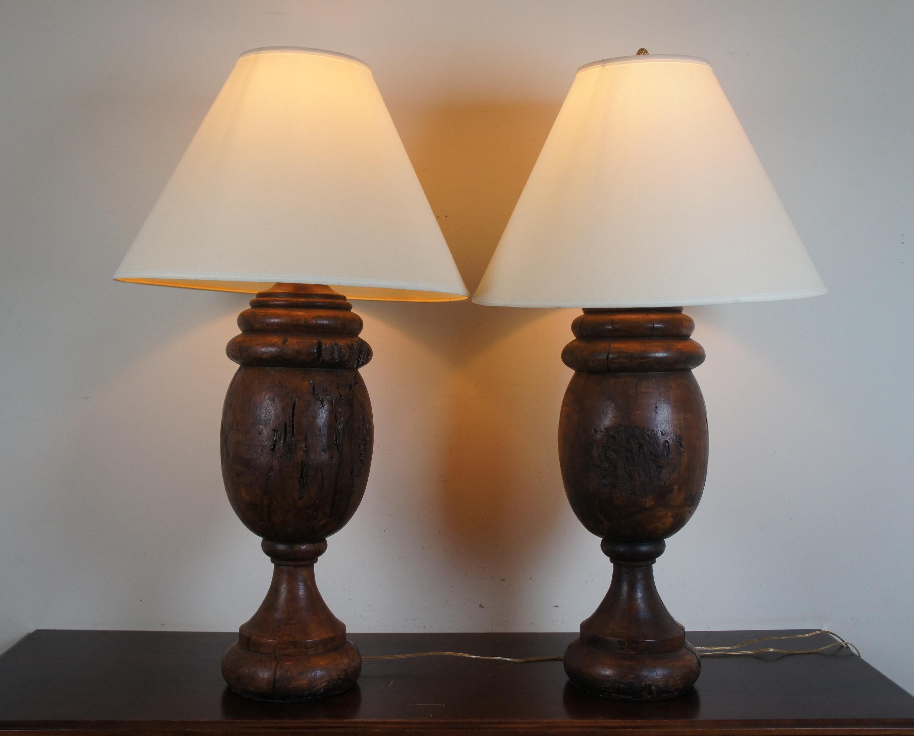 Late 20th Century Monticello Studio Primitive Faux Wood Trophy Urn Table Lamps Rustic Lodge