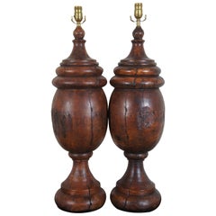 Vintage Monticello Studio Primitive Faux Wood Trophy Urn Table Lamps Rustic Lodge