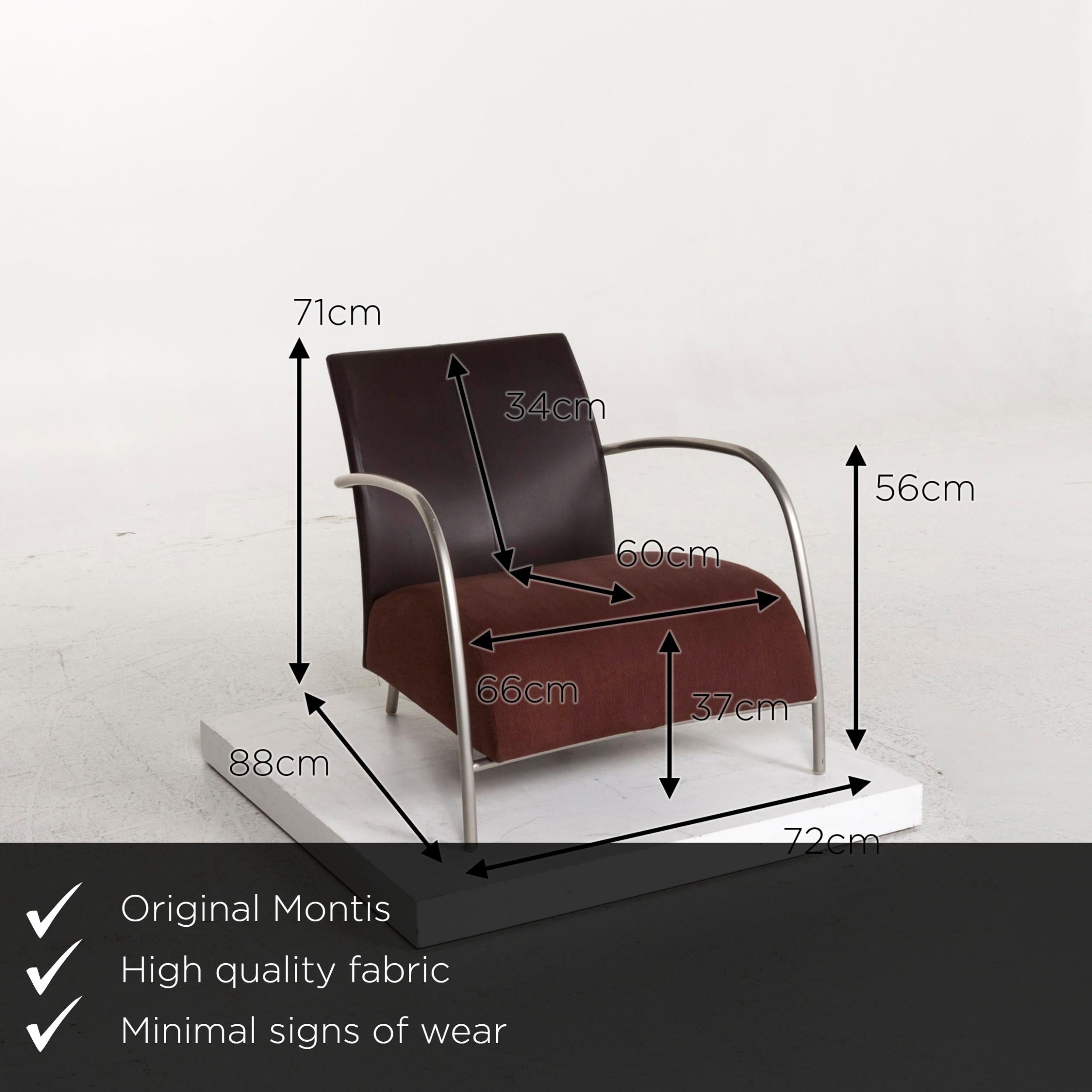 We present to you a Montis fabric leather armchair brown dark brown.

 

 Product measurements in centimeters:
 

Depth 88
Width 72
Height 71
Seat height 37
Rest height 56
Seat depth 60
Seat width 66
Back height 34.
  