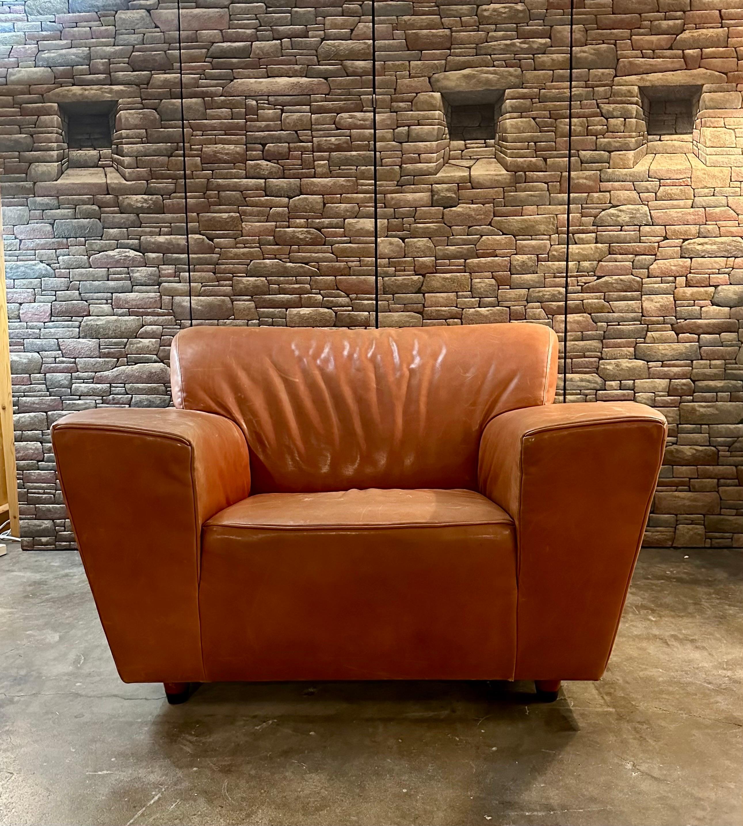 Dutch design, large leather Montis lounge chair designed by Gijs Papavoine, circa 1980s, Netherlands. This leather lounge chair 