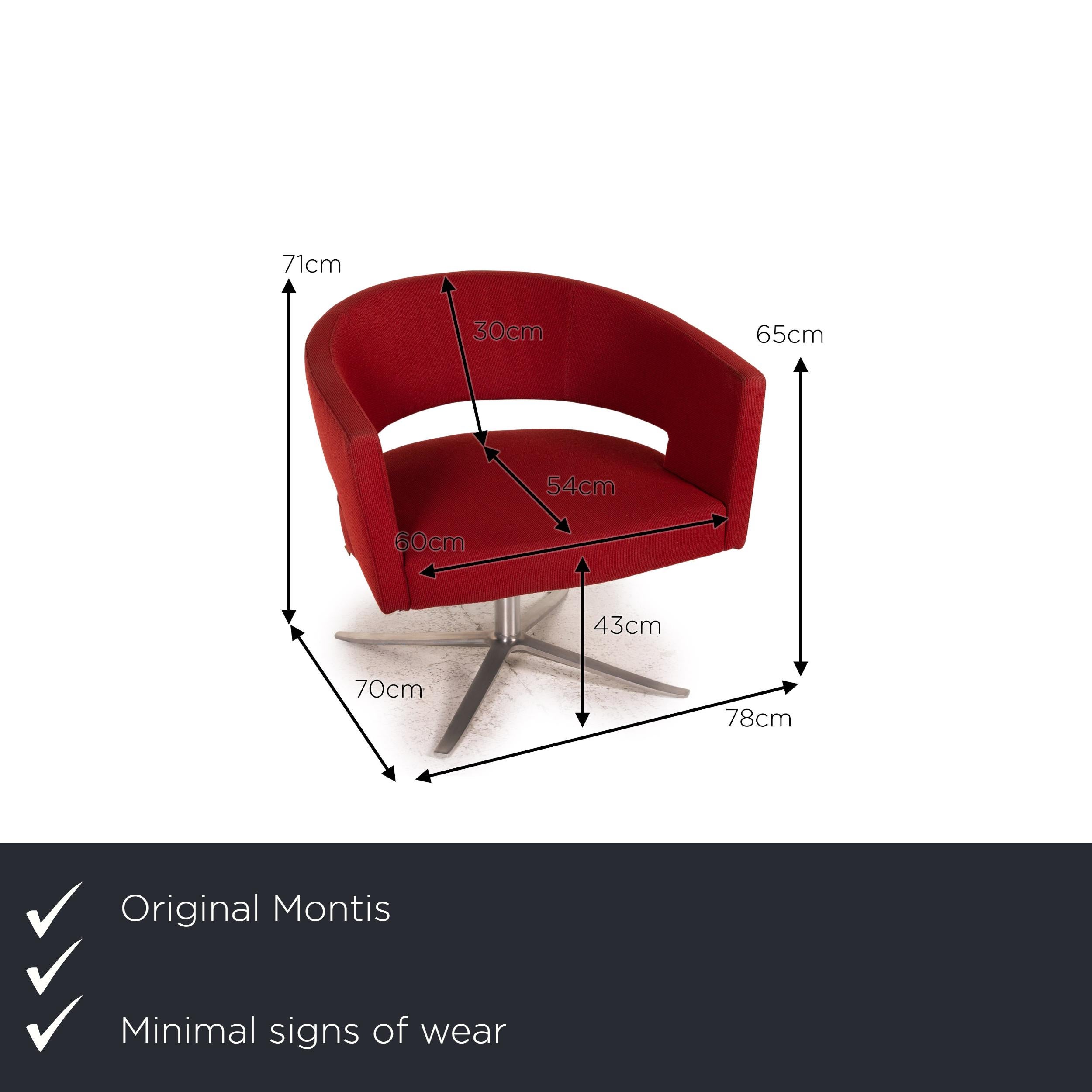 We present to you a Montis Turner fabric armchair red metal swivel.


 Product measurements in centimeters:
 

Depth: 70
Width: 78
Height: 71
Seat height: 43
Rest height: 65
Seat depth: 54
Seat width: 60
Back height: 30.
 