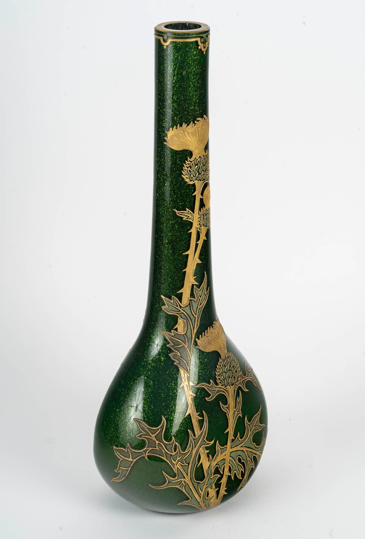 Vase Montjoye, design chardon, verre irisé, 1900, Art nouveau Bon état - En vente à Saint-Ouen, FR