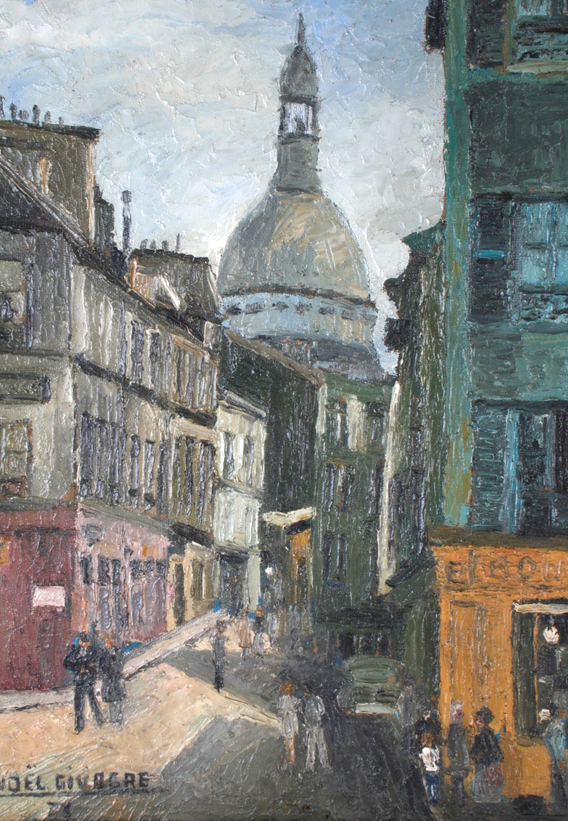 French painting, oil on Masonite, depicts people strolling the historic streets of Montmartre at the corner of Place Jean-Baptiste Clémente and Rue Norvins. On the corner is a French bakery. In the background, down Rue Norins, is the dome of the