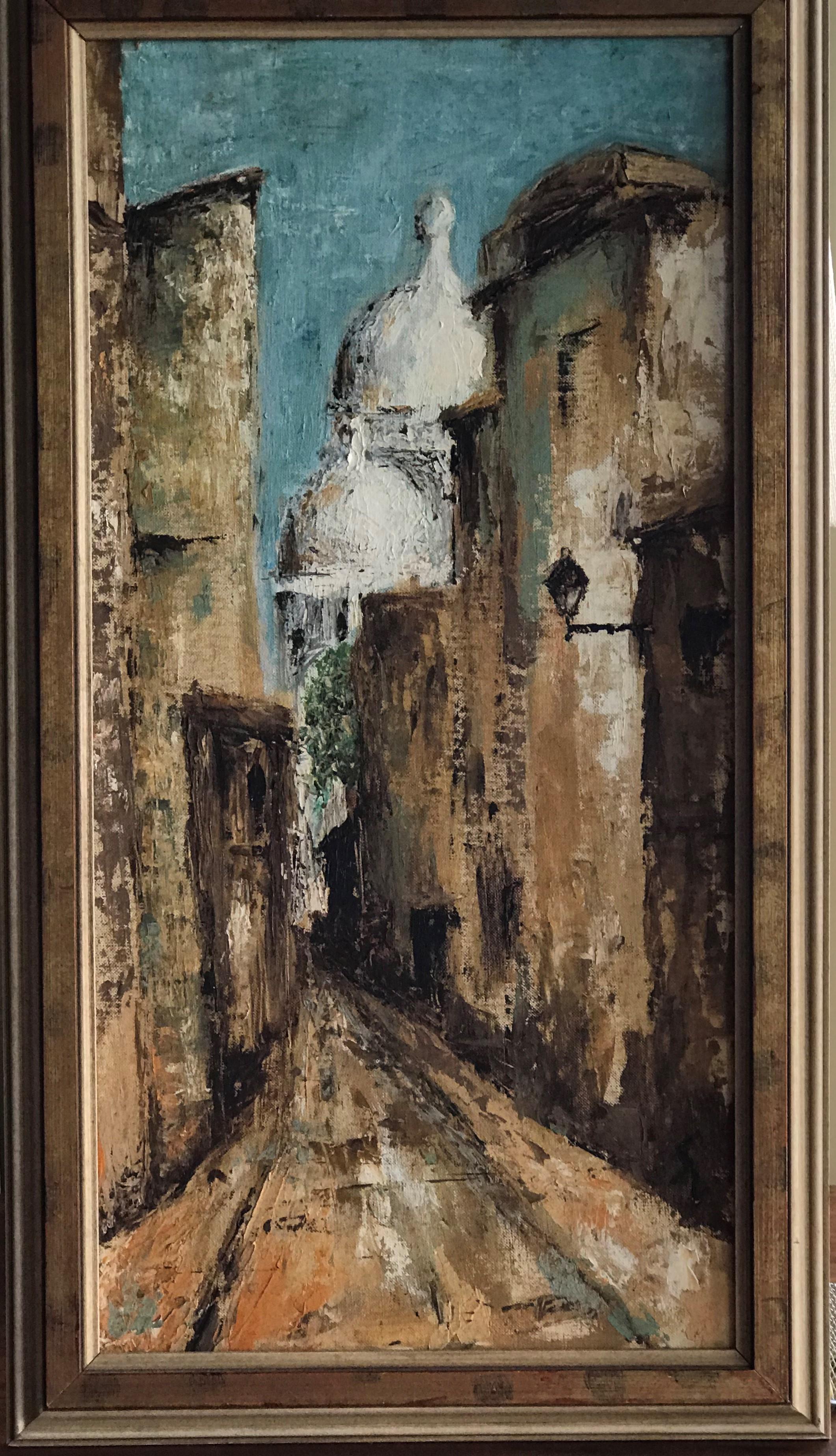 Oil painting on masonite board depicting a view of Sacré-Cœur Basilica in the Montmatre district of Paris in the 1950s. Bohemian neighborhood known for its artists, famous and infamous night clubs and cafes.
This Impressionist painting in its