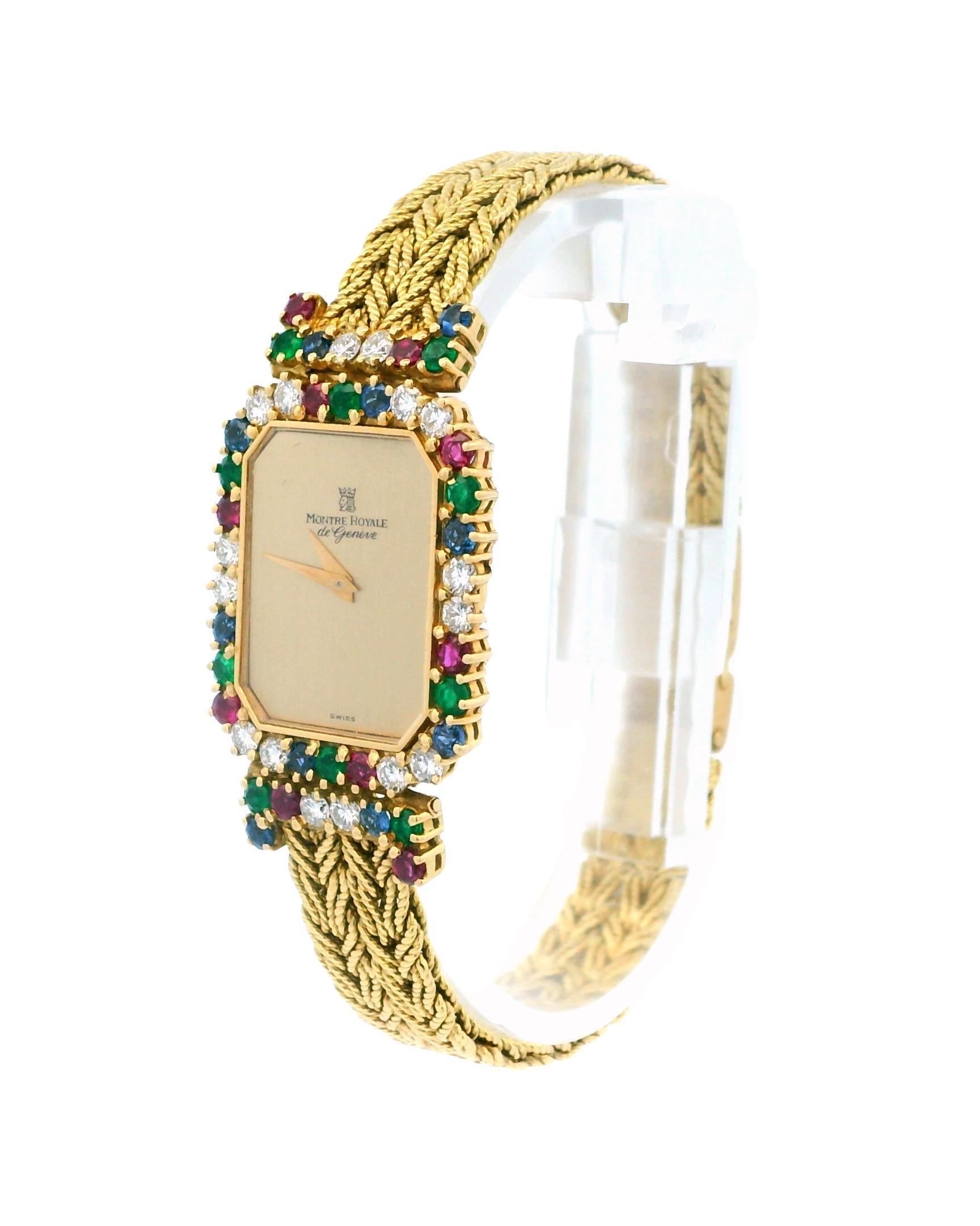 The Montre Royale Luxuria is a stunning wristwatch that represents the pinnacle of luxury and elegance. Its exquisite design features a dazzling arrangement of round-cut gemstones, including brilliant rubies, rich emeralds, mesmerizing blue