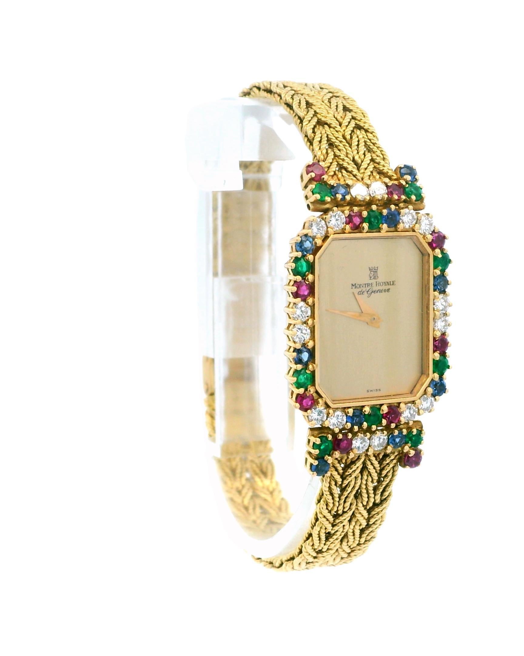 Montre Royale 18k Ruby/Emerald/Blue Sapphire/Diamond Mesh Bracelet In Excellent Condition For Sale In Great Neck Plaza, NY