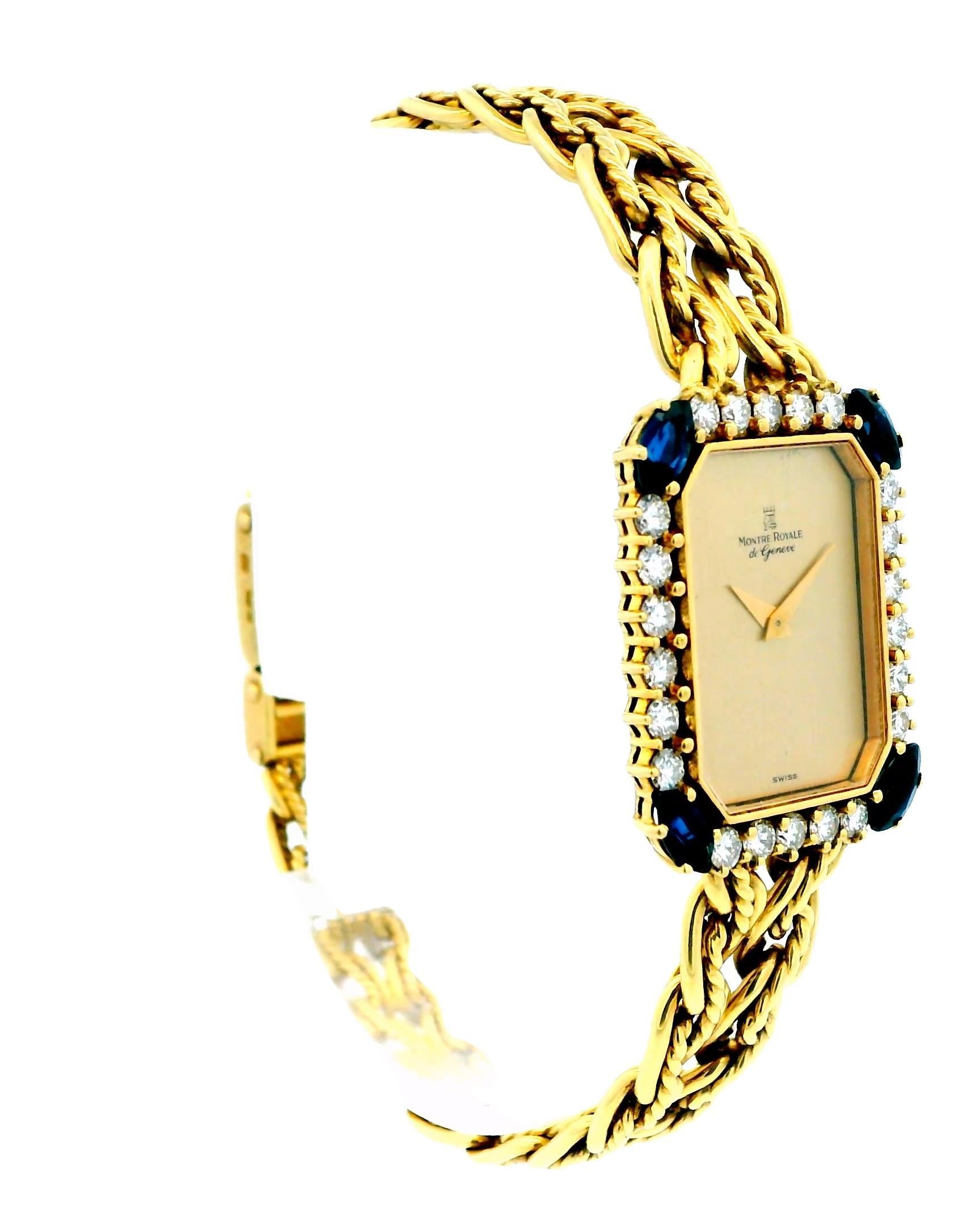 Round Cut Montre Royale 18k Yellow Gold With Mesh Twist Bracelet Diamond & Sapphire Bezel For Sale