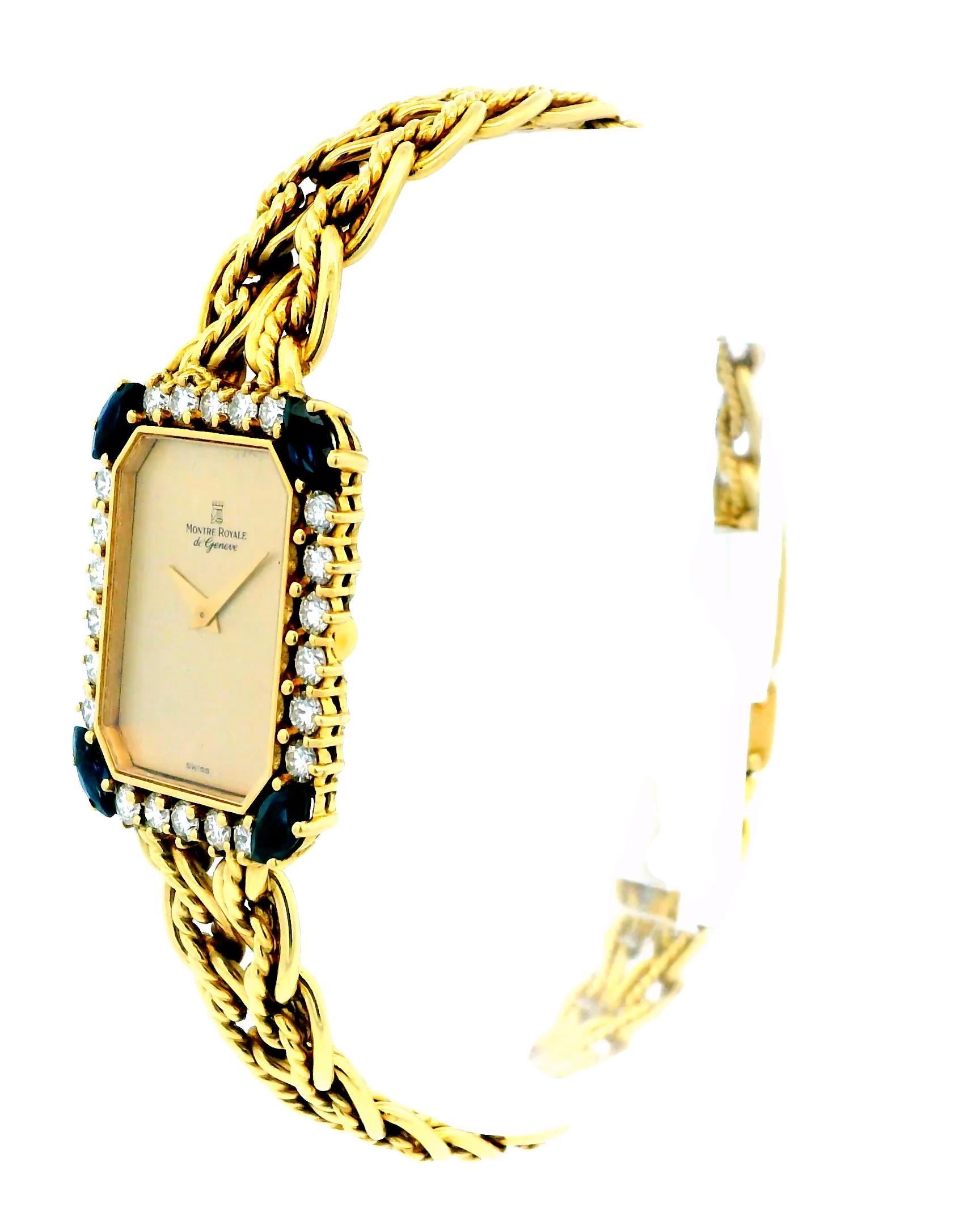 Montre Royale 18k Yellow Gold With Mesh Twist Bracelet Diamond & Sapphire Bezel In Excellent Condition For Sale In Great Neck Plaza, NY
