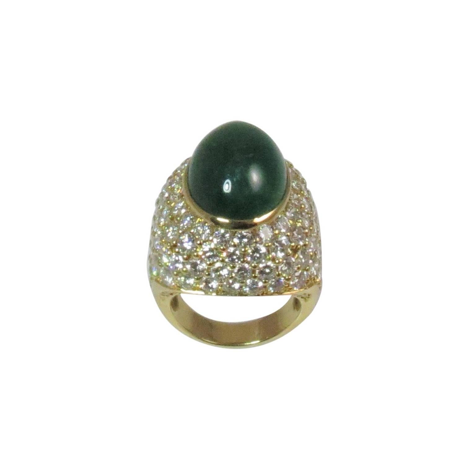 Montreaux 18 Karat Yellow Gold and Platinum Cabochon Emerald and Diamond Ring