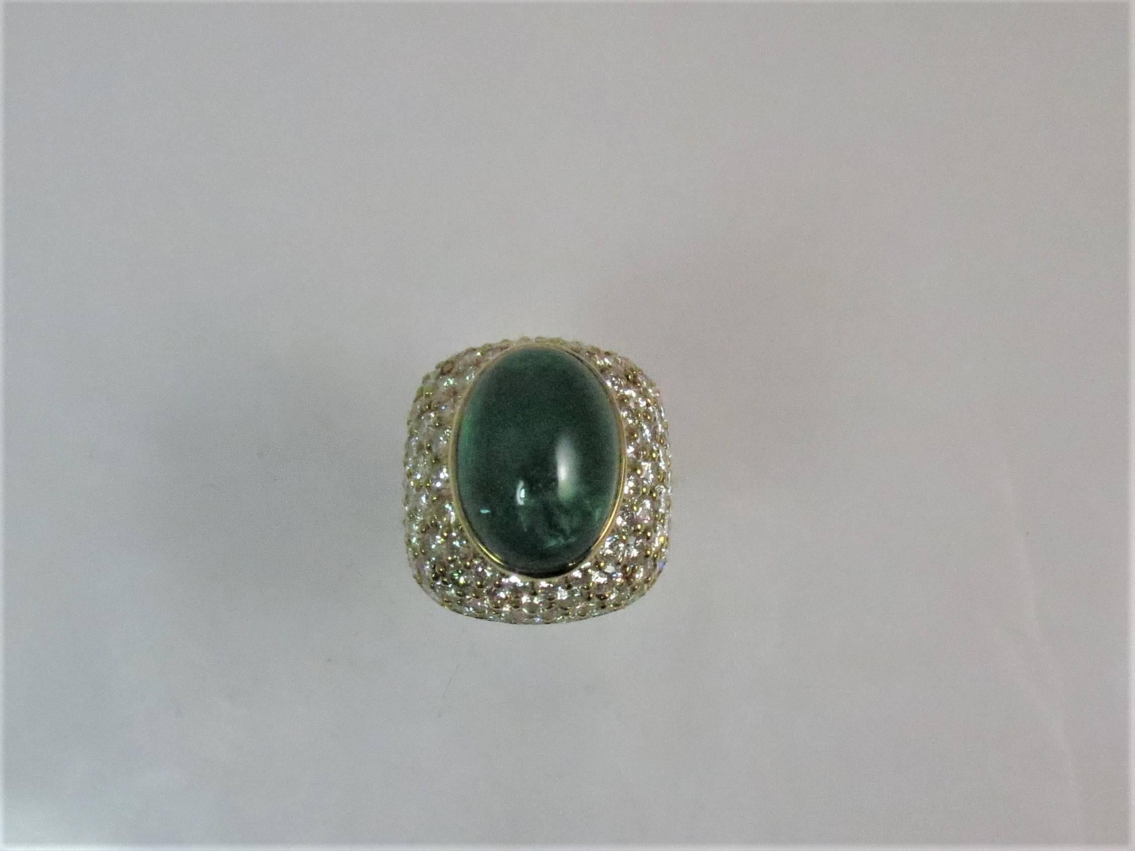 Contemporary Montreaux 18 Karat Yellow Gold and Platinum Cabochon Emerald and Diamond Ring