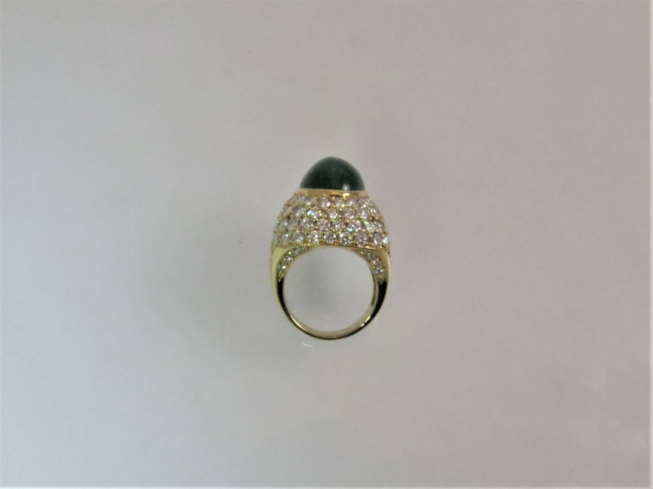 Montreaux 18 Karat Yellow Gold and Platinum Cabochon Emerald and Diamond Ring In Excellent Condition In Chicago, IL