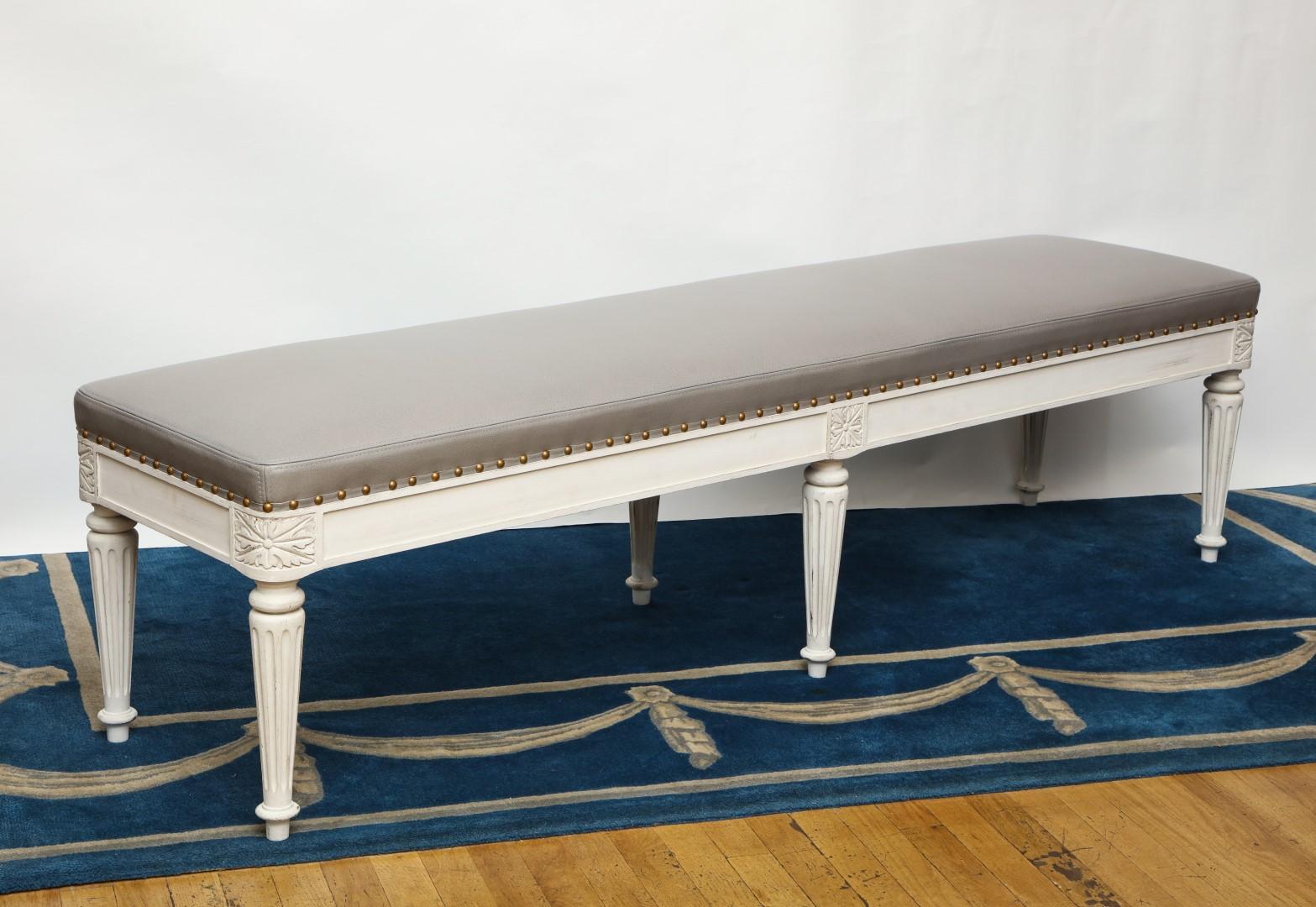 Painted Montreuil Bench, Louis XVI Style Bench with Leather Upholstery, by David Duncan For Sale