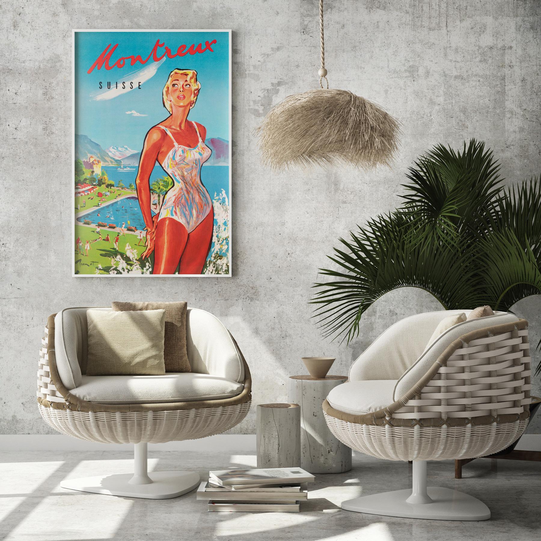Fantastic original 1950/1960s Montreux Travel Advertising poster featuring a stunning design by French artist  Raymond Brenot, issued to promote the scenic Lake Geneva shore town of Montreux in Switzerland.

This original vintage poster has been