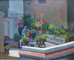 Montull    expressionistisches Garten- und Terrassenblumen-Gemälde in Öl auf Leinwand