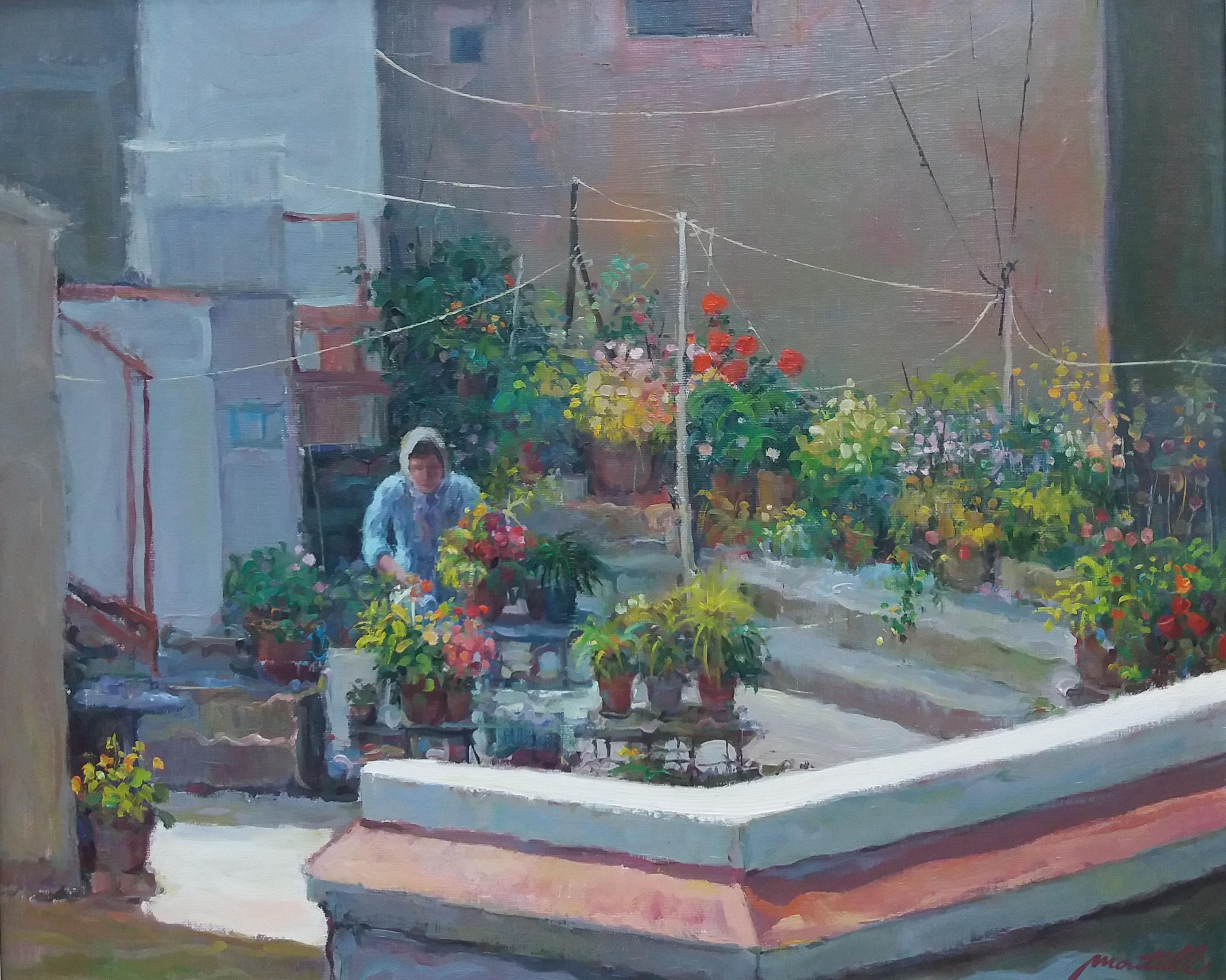 Montull   Patio Terrace Garden Flowers oil canvas expressionist painting For Sale 1