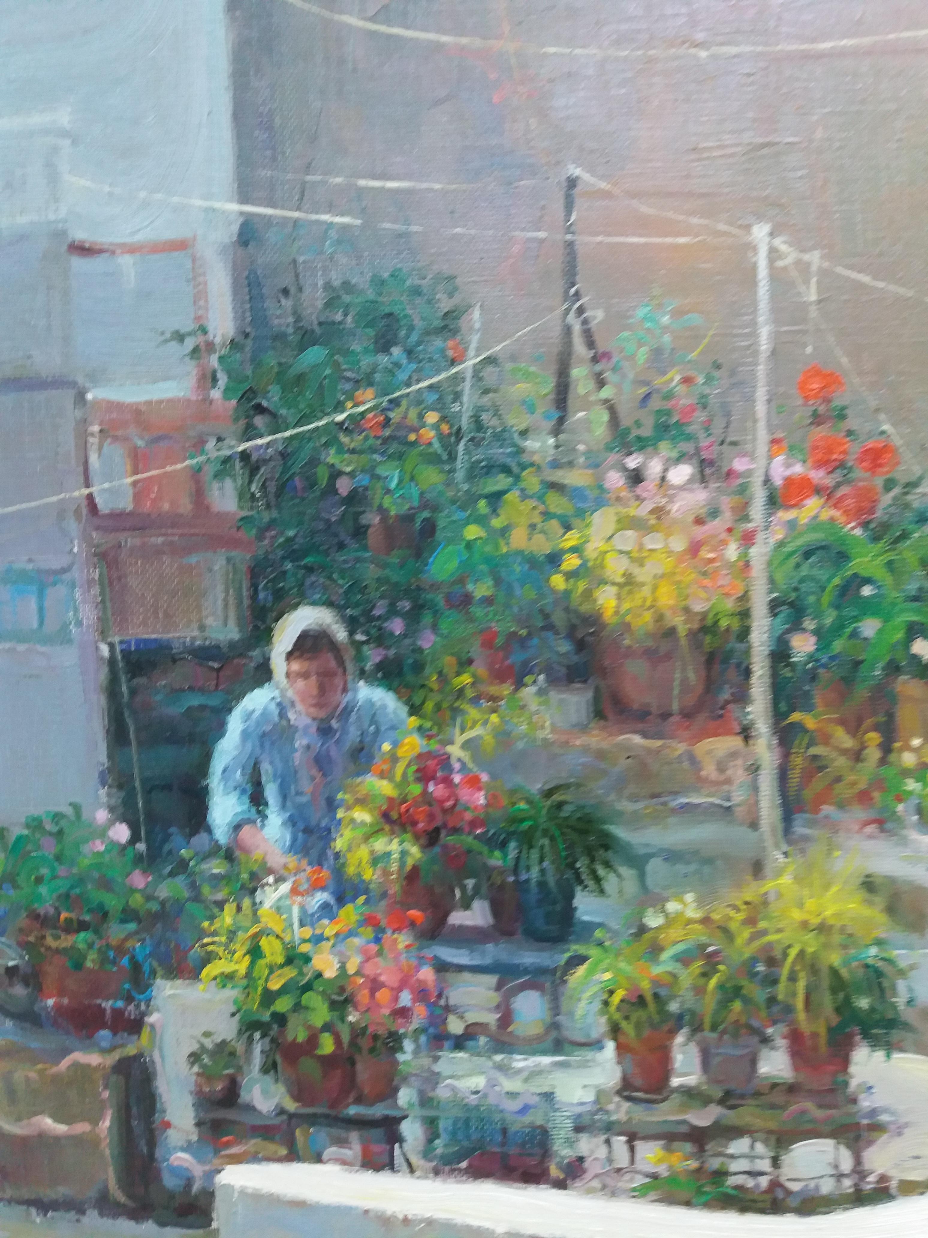 Montull   Patio Terrace Garden Flowers oil canvas expressionist painting For Sale 2