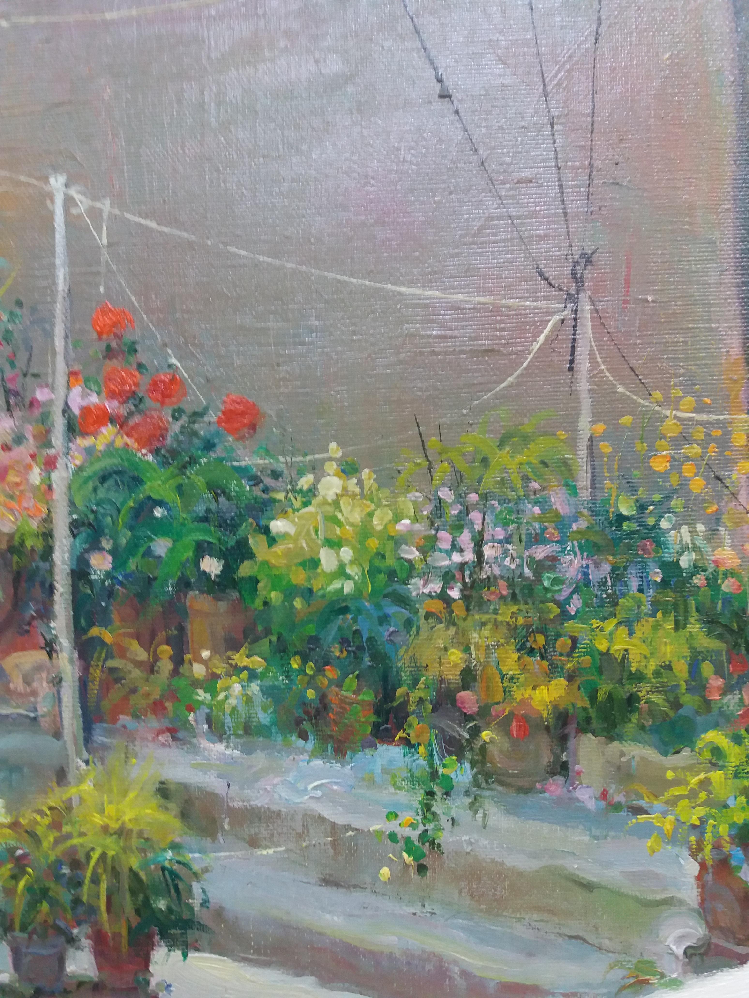 Montull   Patio Terrace Garden Flowers oil canvas expressionist painting For Sale 4