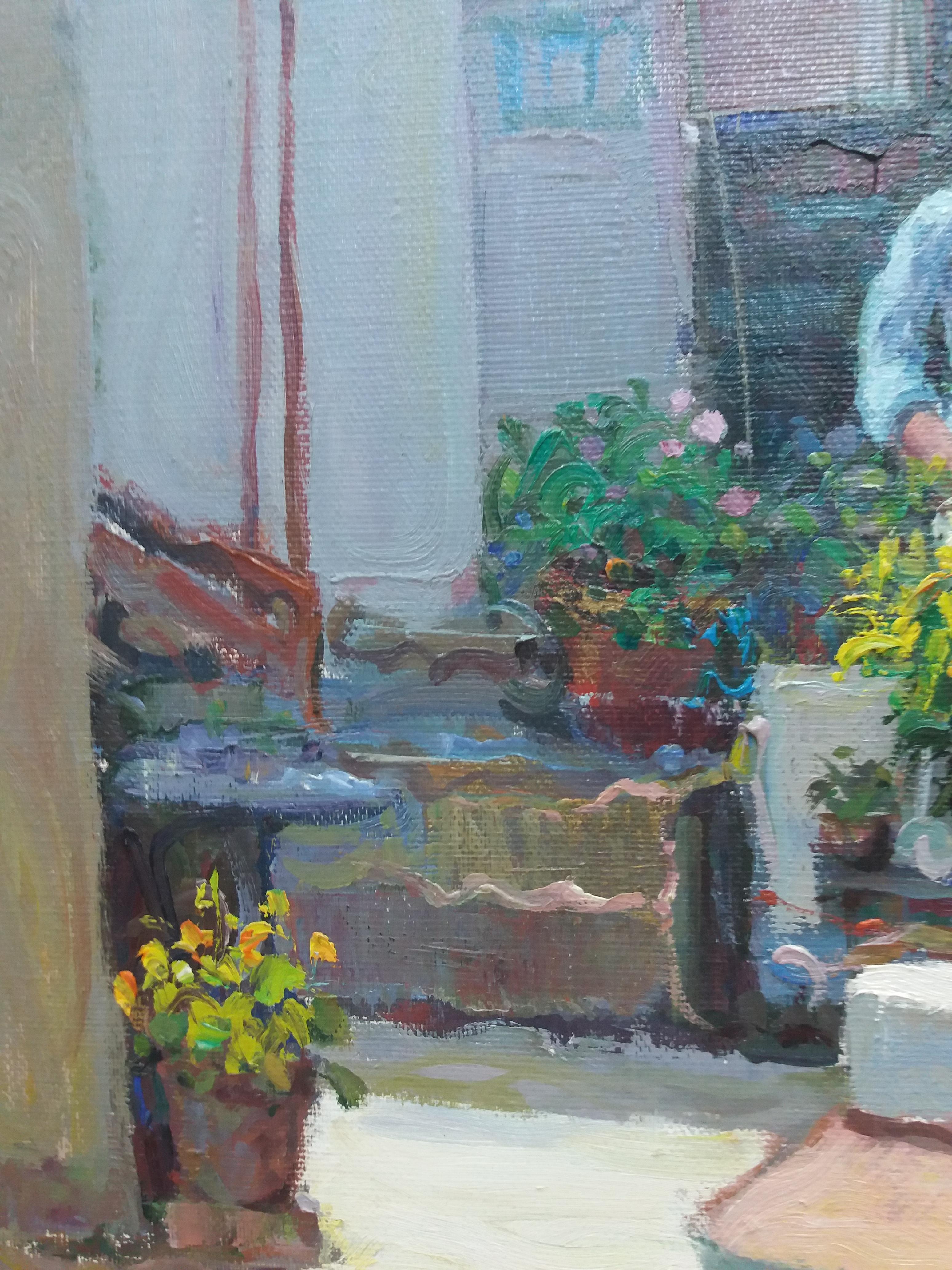 Montull   Patio Terrace Garden Flowers oil canvas expressionist painting For Sale 5