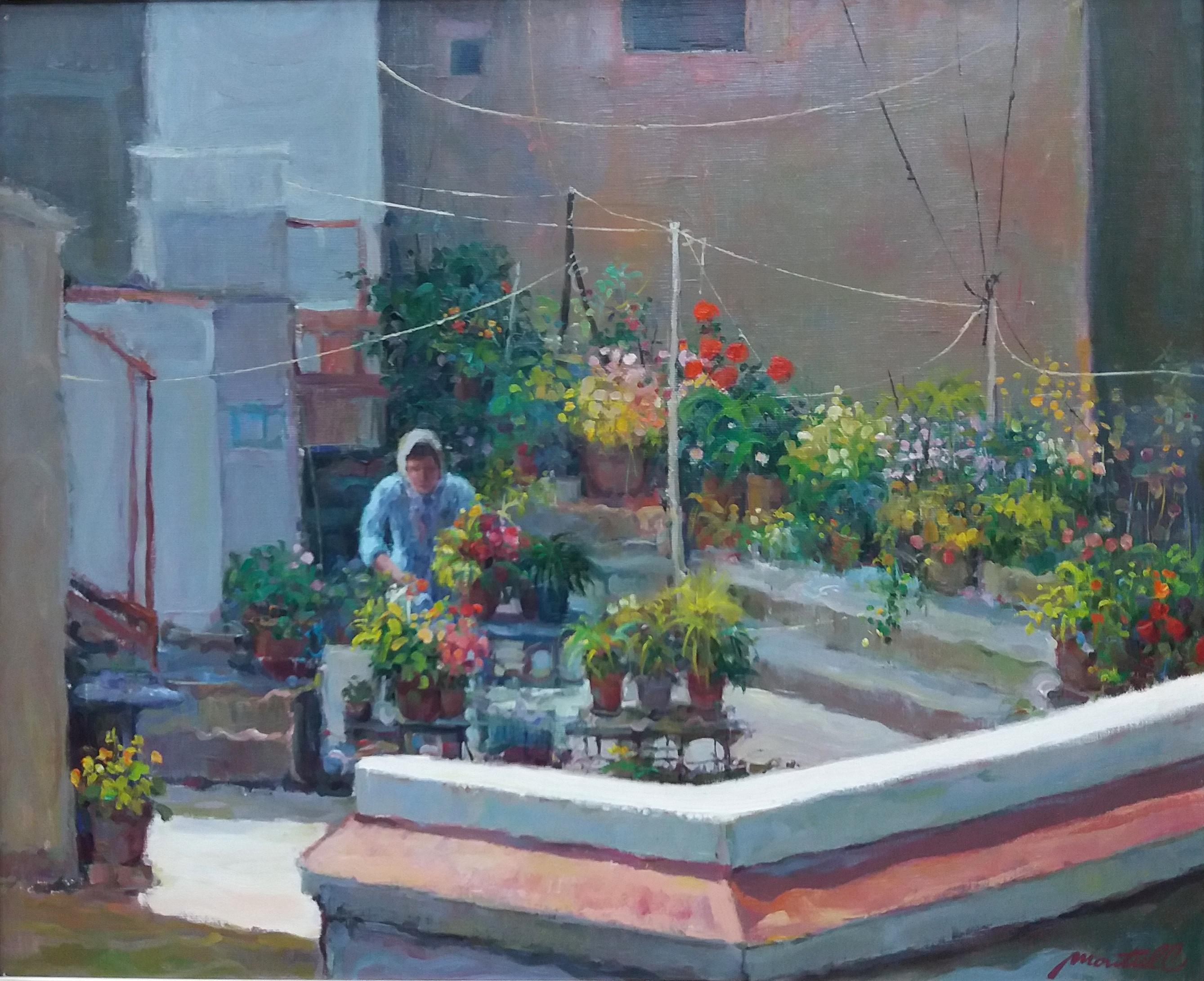 Patio. Original oil canvas expressionist painting
