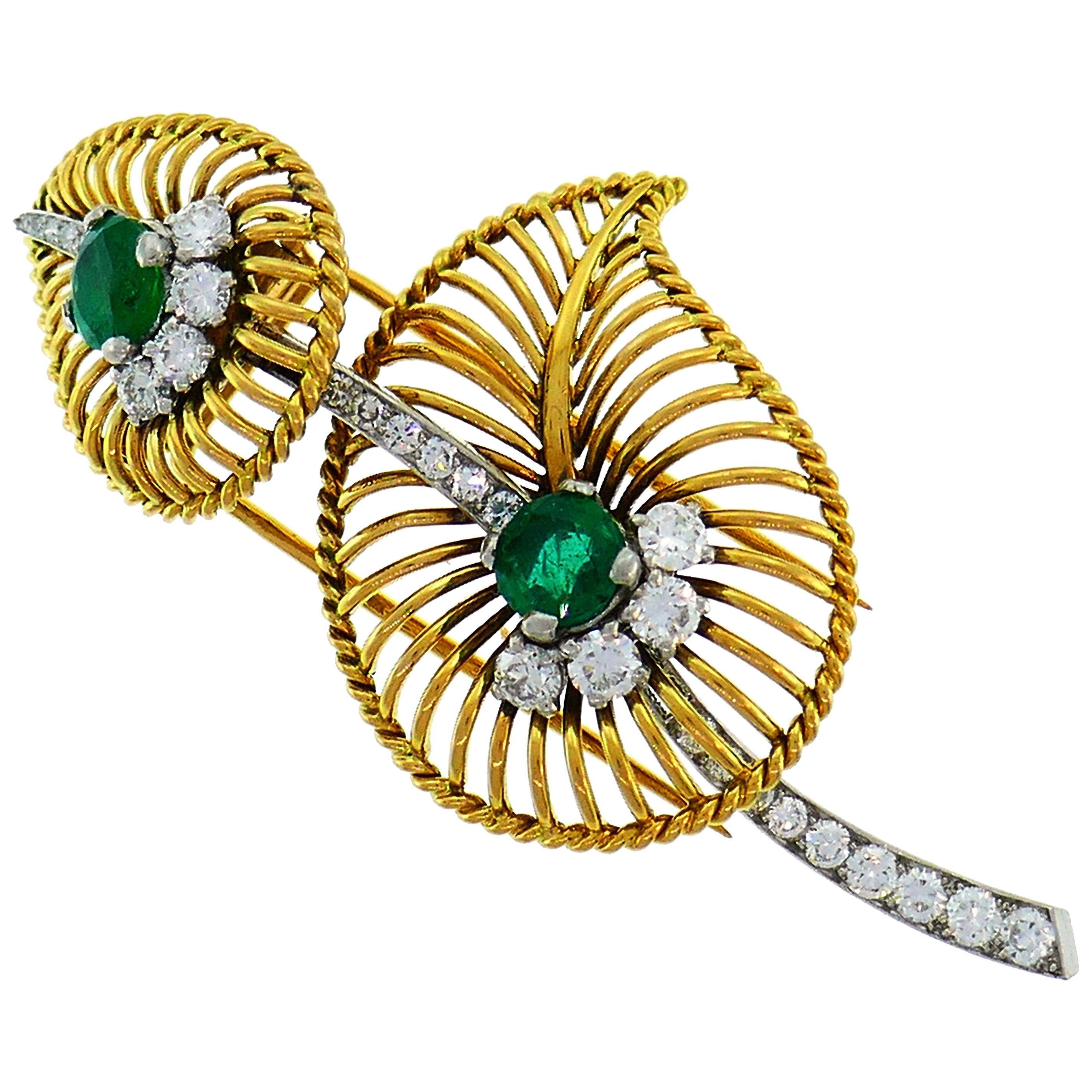 Monture Cartier Emerald Diamond Gold Pin Brooch Clip