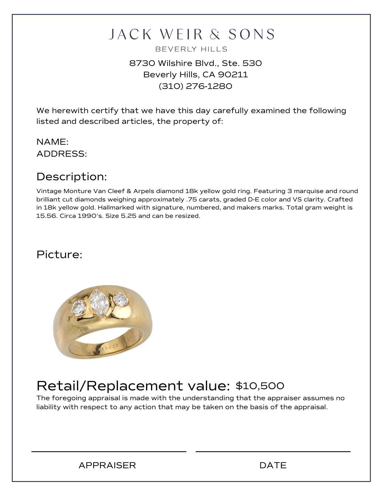 De las mujeres Anillo Monture Van Cleef & Arpels de diamantes y tres piedras de oro amarillo de 18k