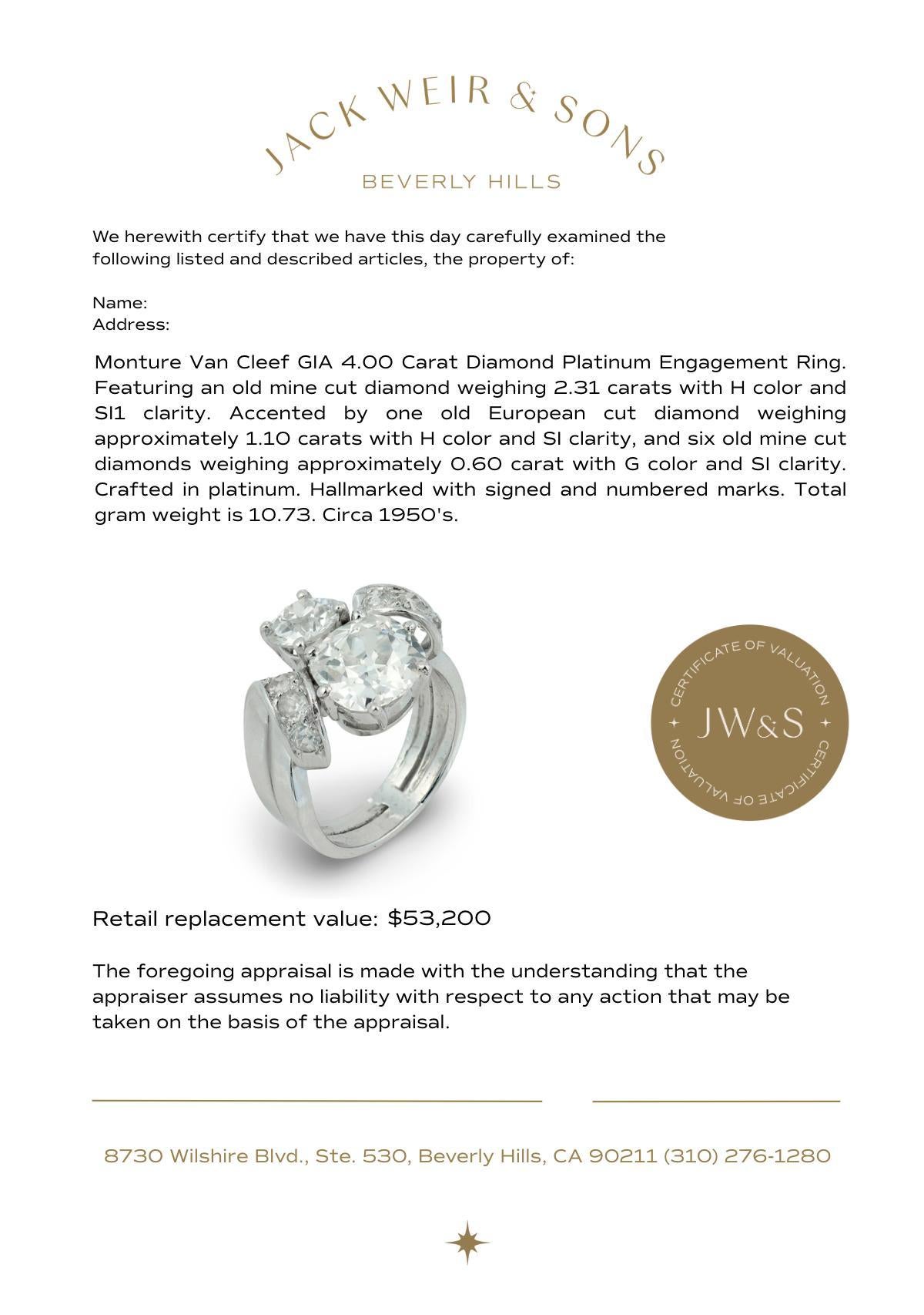 Monture Van Cleef GIA Bague de fiançailles en platine avec un diamant de 4,00 carats en vente 3