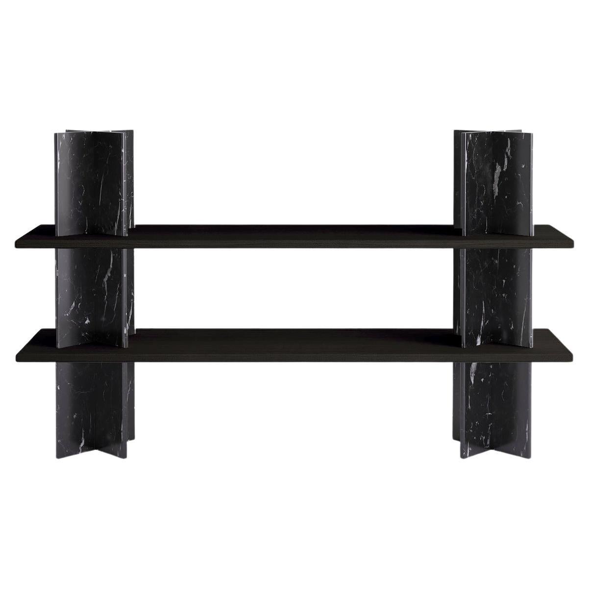 Monument Free Standing Shelf Black Marble 'Marquina' Column, Black Stained Wood For Sale