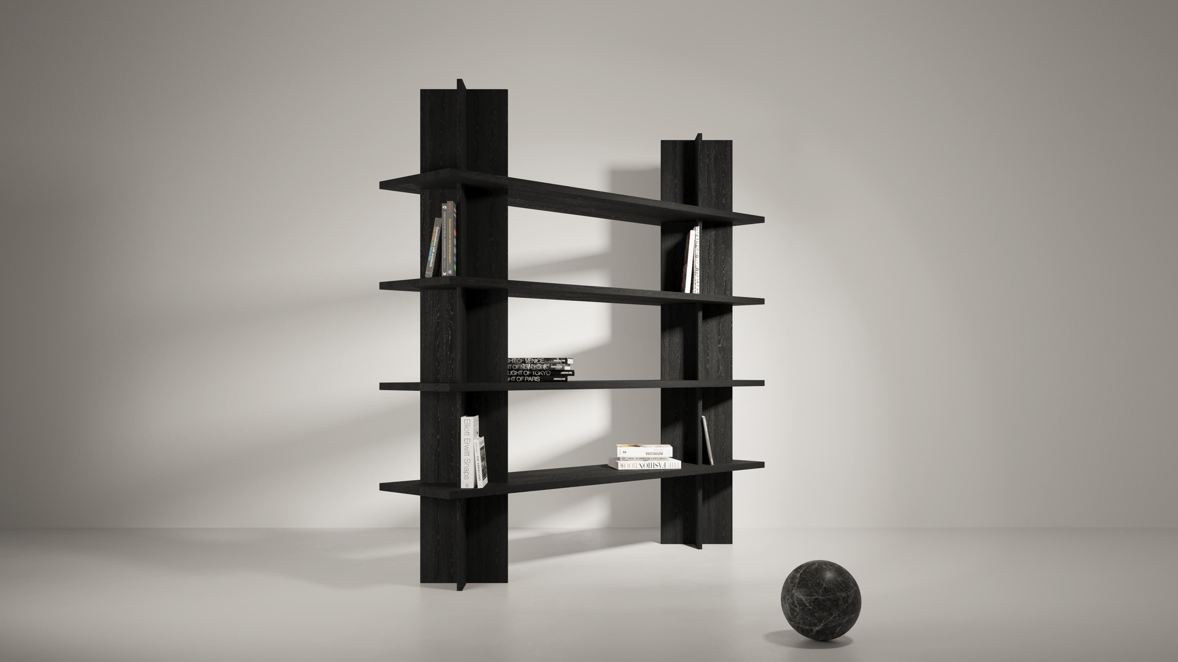Monument shelves by Cocorico for La Chance
Dimensions: D 45 x L 130 x H 197 cm
Materials: black stained wood column, black staine wood shelves

Material available: birchwood, white marble, green marble, black marble, Pele de tigre marble,