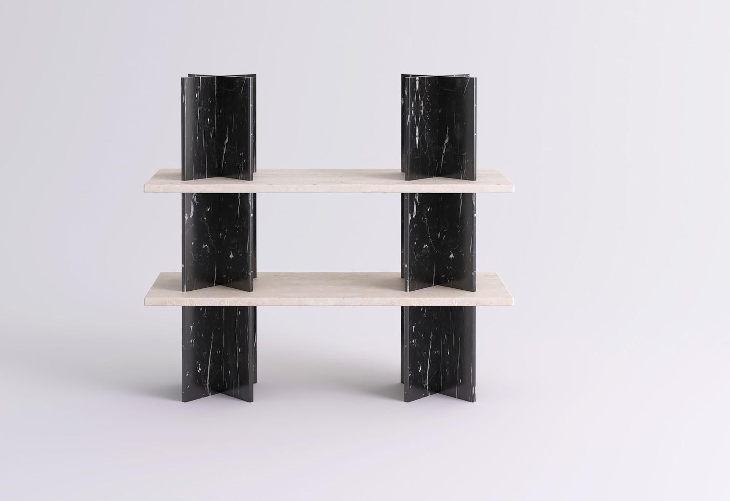 Monument Shelves by Mathieu Girard & Gauthier Pouillart
Dimensions: L 130 x H 117
Materials: White travertine shelves - black marble (marquina) columns
Material available: Birchwood, white marble, green marble, black marble, Pele de tigre marble,