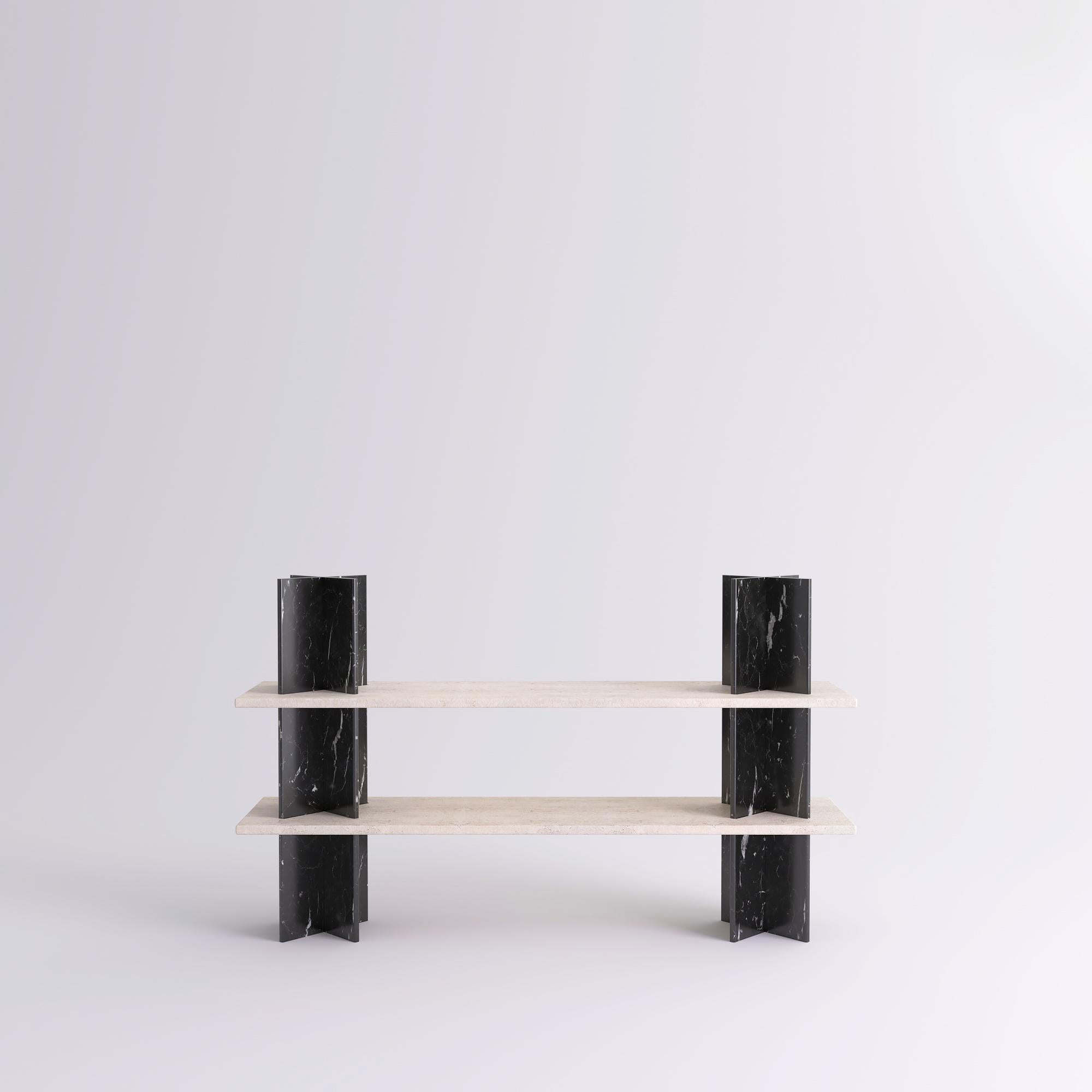 Monument shelves by Mathieu Girard & Gauthier Pouillart.
Dimensions: L 195 x H 117.
Materials: White travertine shelves - black marble (marquina) columns.
Material available: Birchwood, white marble, green marble, black marble, Pele de tigre