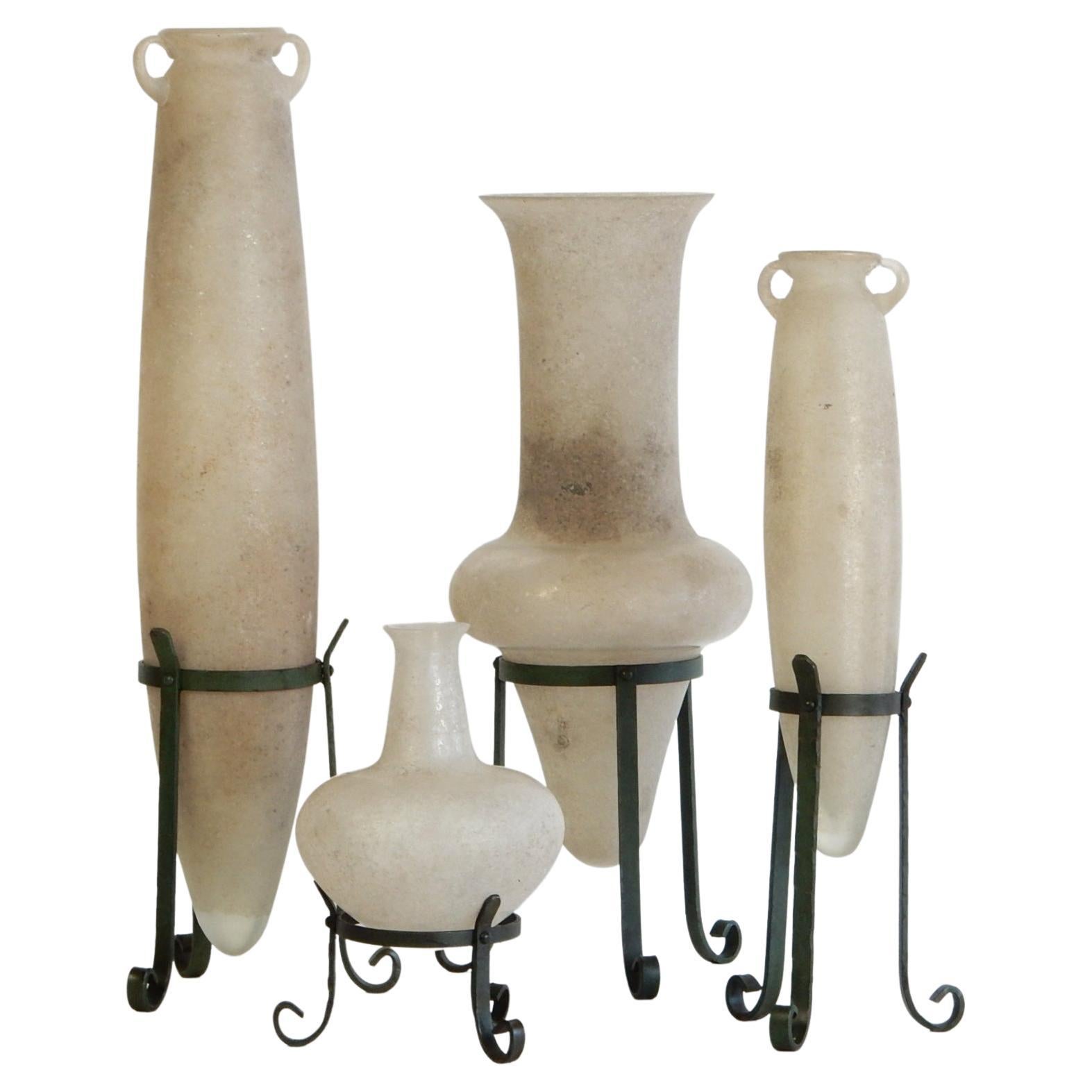 Monumental sized set of 1970's 'a Scavo' art glass vases attributed to Seguso Vetri d'Arte Murano, Italy.
Elegant old world forms showing extraordinary craftsmanship in the 'Scavo' technique to replicate the look and feel of ancient Roman
