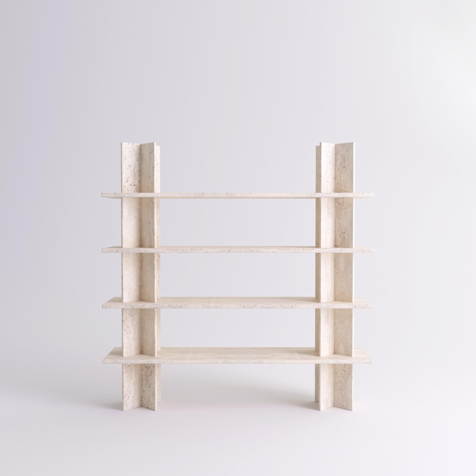 Monument Travertine shelves by Mathieu Girard & Gauthier Pouillart
Dimensions: L 195 x H 197
Materials: White travertine shelves and columns 
Material available: Birchwood, white marble, green marble, black marble, Pele de tigre marble,
