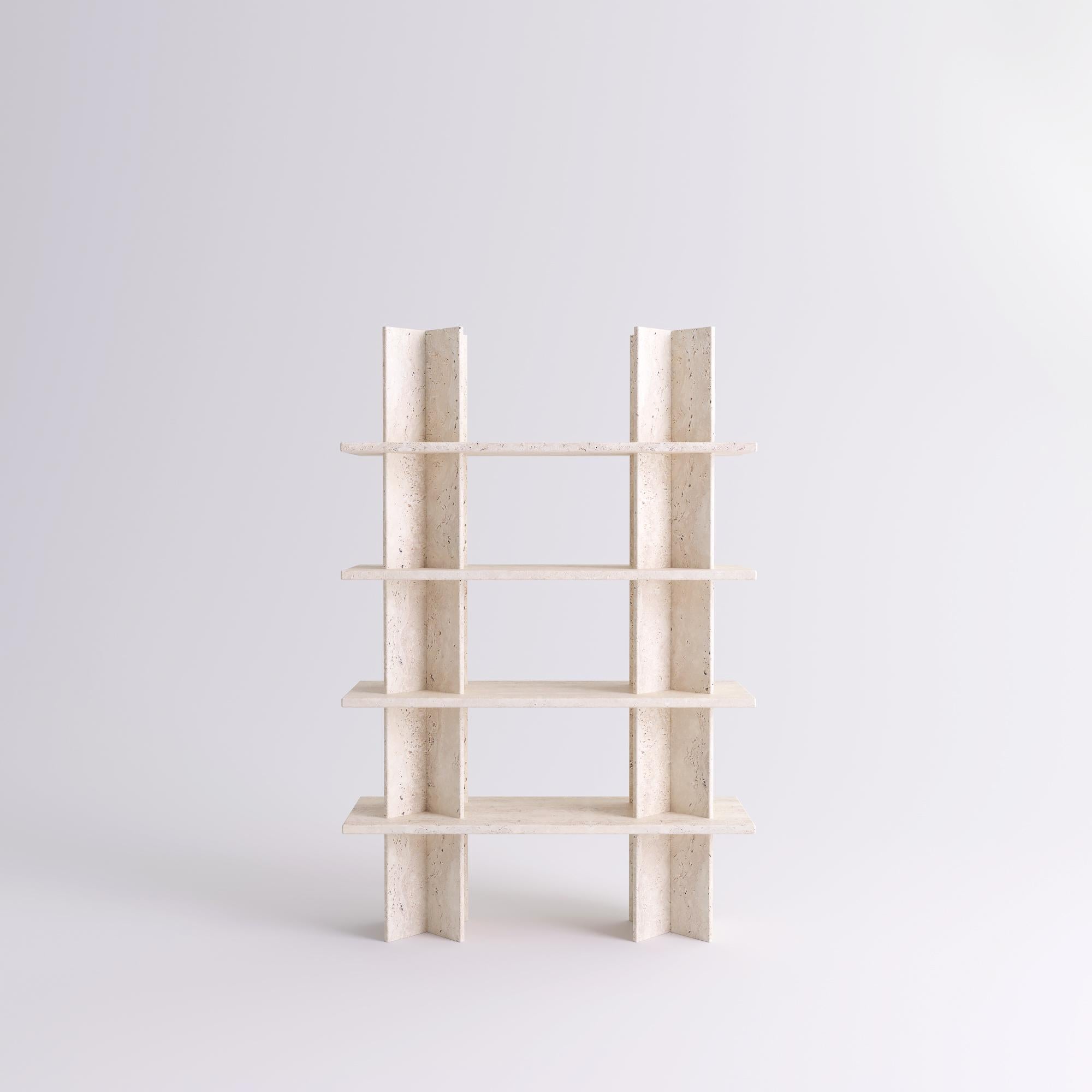 Monument travertine shelves by Mathieu Girard & Gauthier Pouillart
Dimensions: L 130 x H 117
Materials: white travertine shelves and columns 
Material available: Birchwood, white marble, green marble, black marble, Pele de tigre marble,