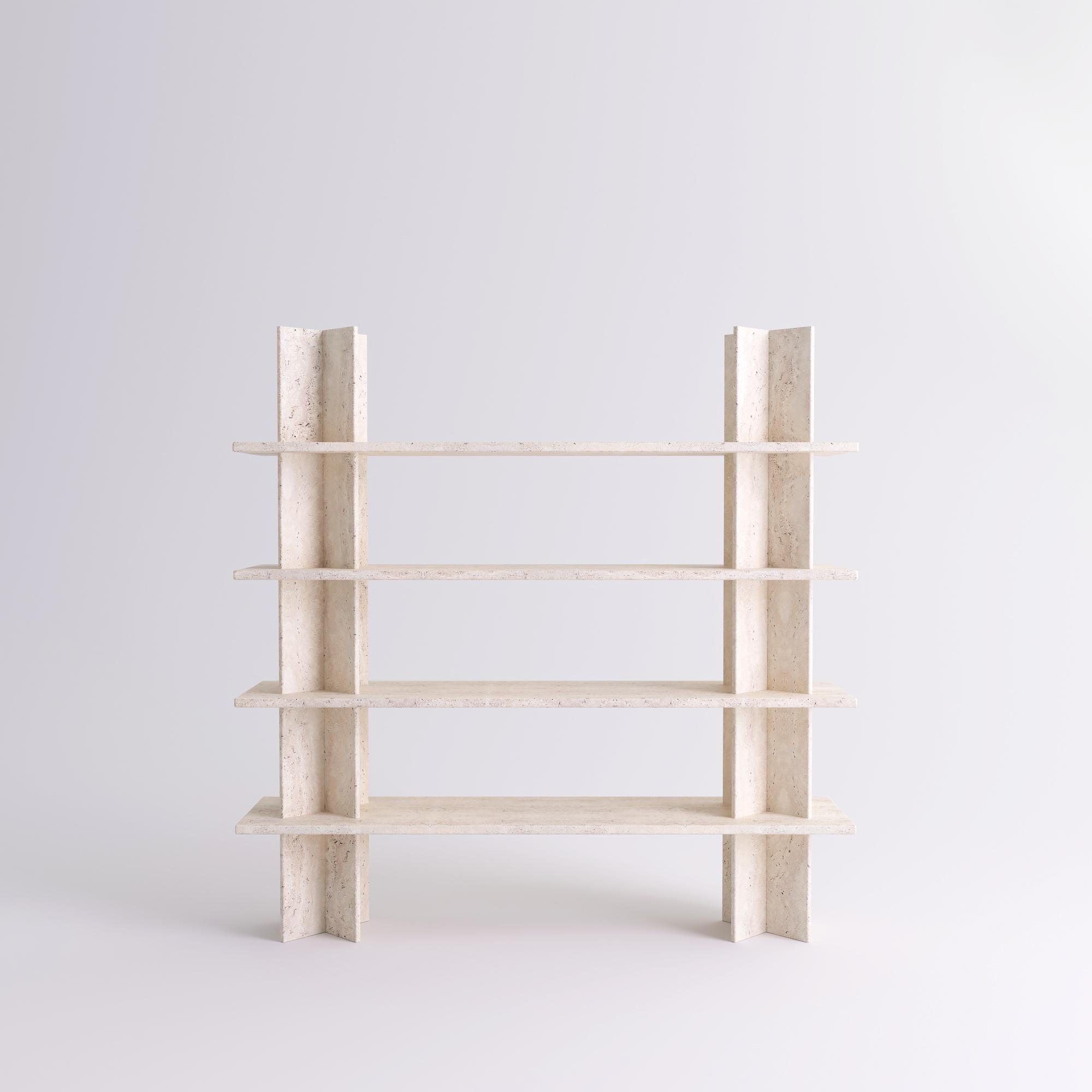 Mensole Monument in travertino bianco di Mathieu Girard & Gauthier Pouillart
Dimensioni: L 195 x H 197
Materiali: Ripiani e colonne in travertino bianco 
Materiale disponibile: Betulla, marmo bianco, marmo verde, marmo nero, marmo Pele de tigre,