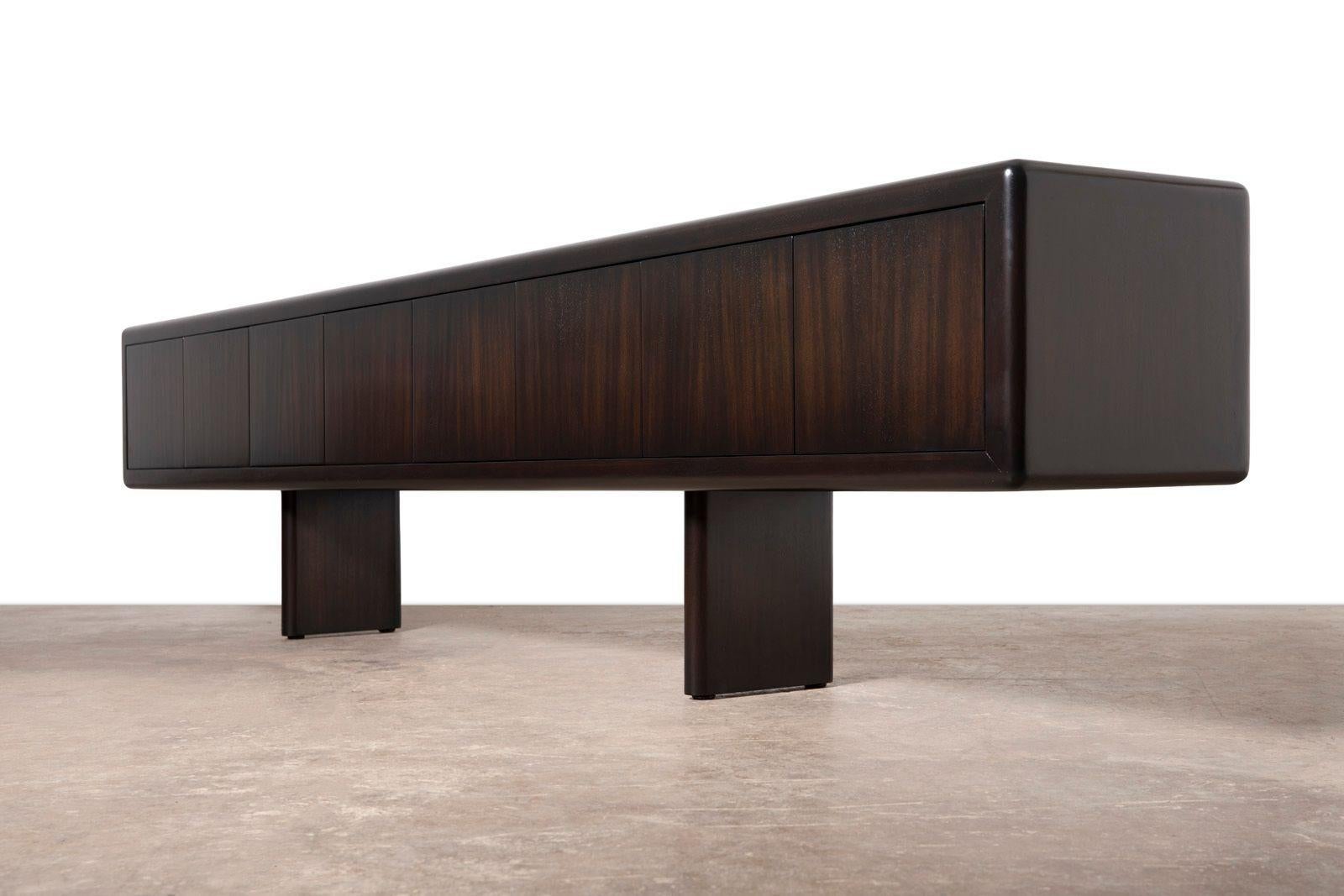 Monumental 10 Foot Custom Mid Century Modern Media Console in Solid Mahogany In Good Condition For Sale In Dallas, TX