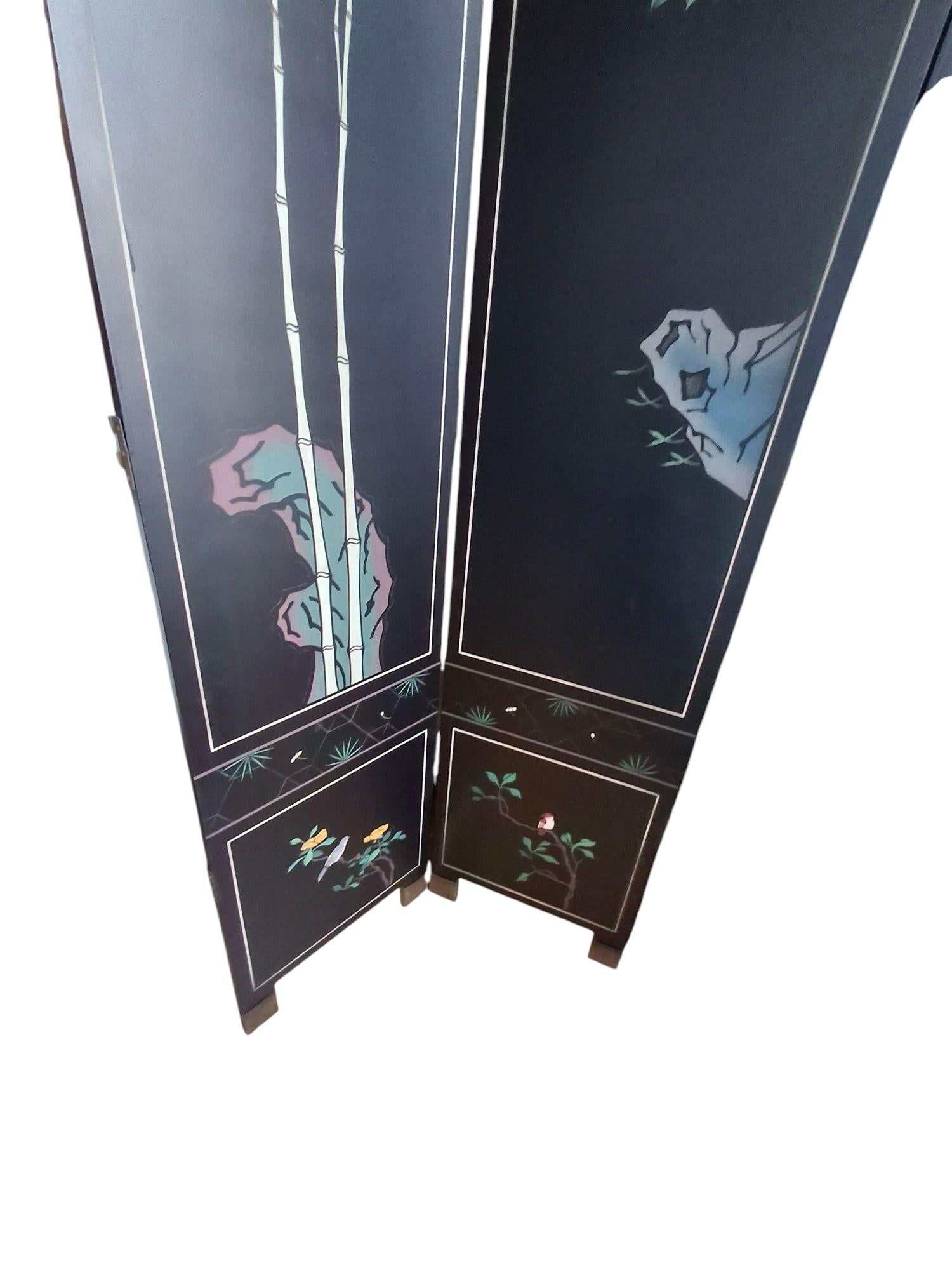Biombo Monumental 10 Paneles Coromandel Lacado Negro Chinoiserie en venta
