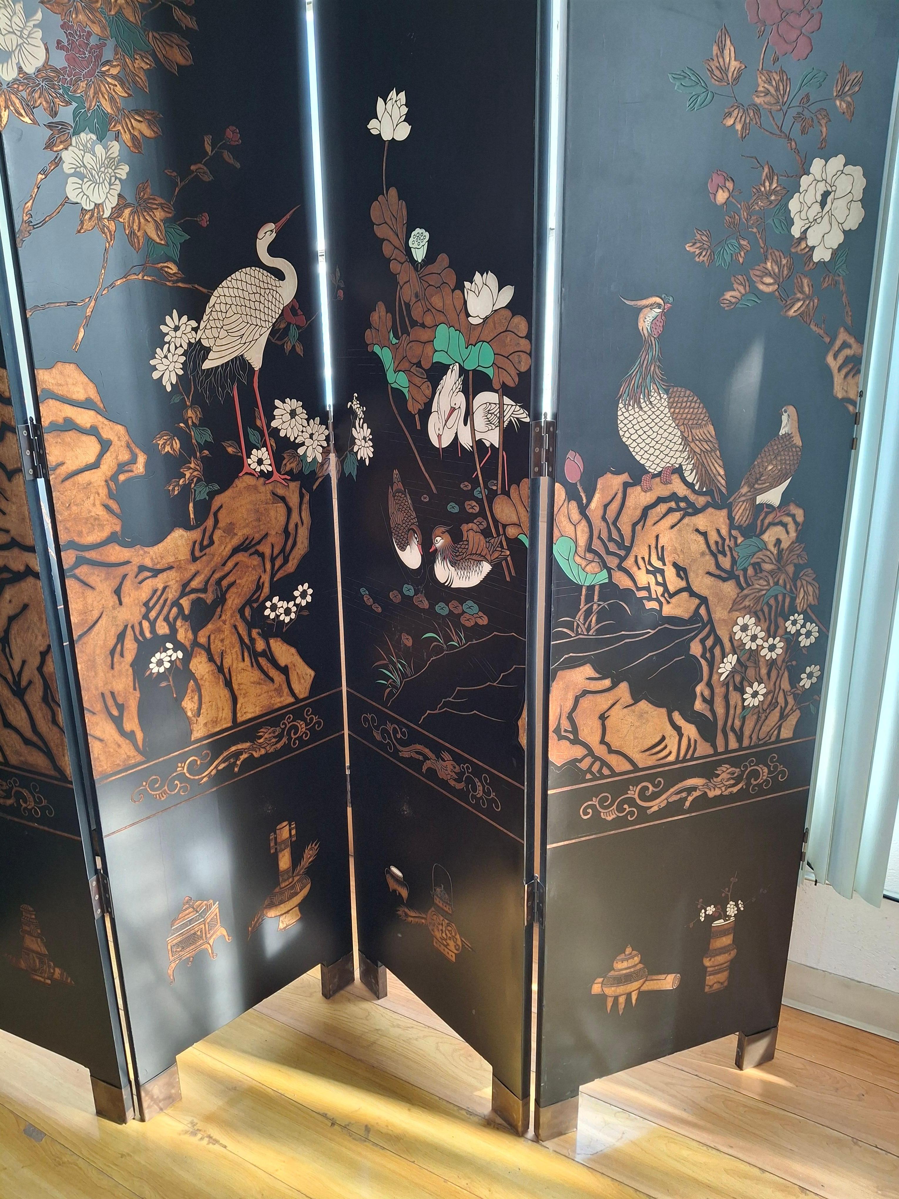 Biombo Monumental 10 Paneles Coromandel Lacado Negro Hong Kong en venta