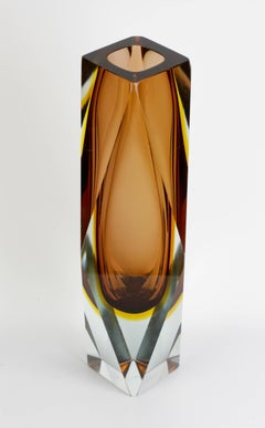 Monumentale 12"" italienische facettierte braune Murano-Sommerso-Glasvase mit Diamantschliff