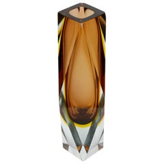 Monumental 12" Italian Diamond Cut Faceted Brown Murano Sommerso Glass Vase