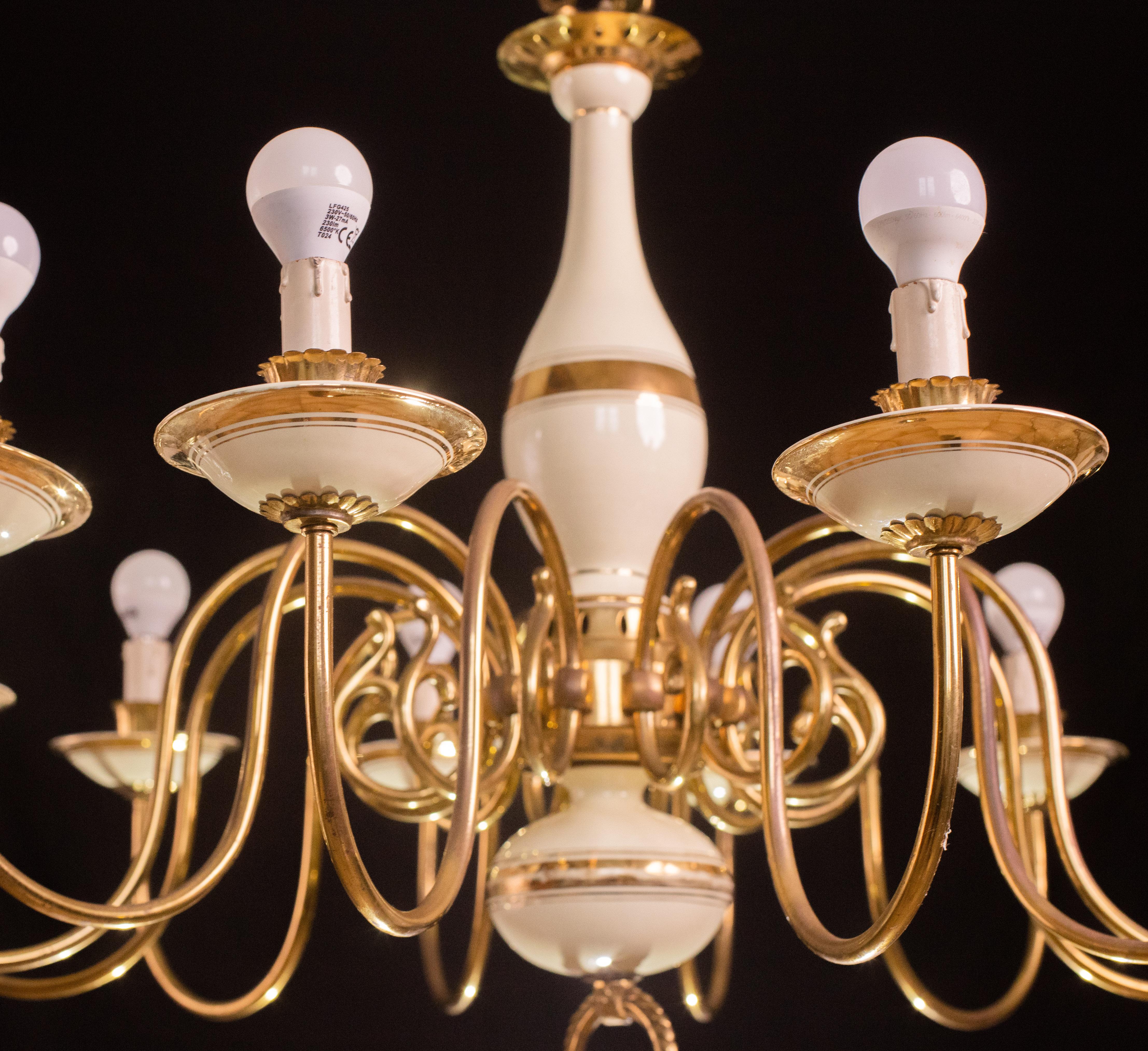 Monumental 12 Lights Art Deco Brass and Ceramic Chandelier, 1950s For Sale 6