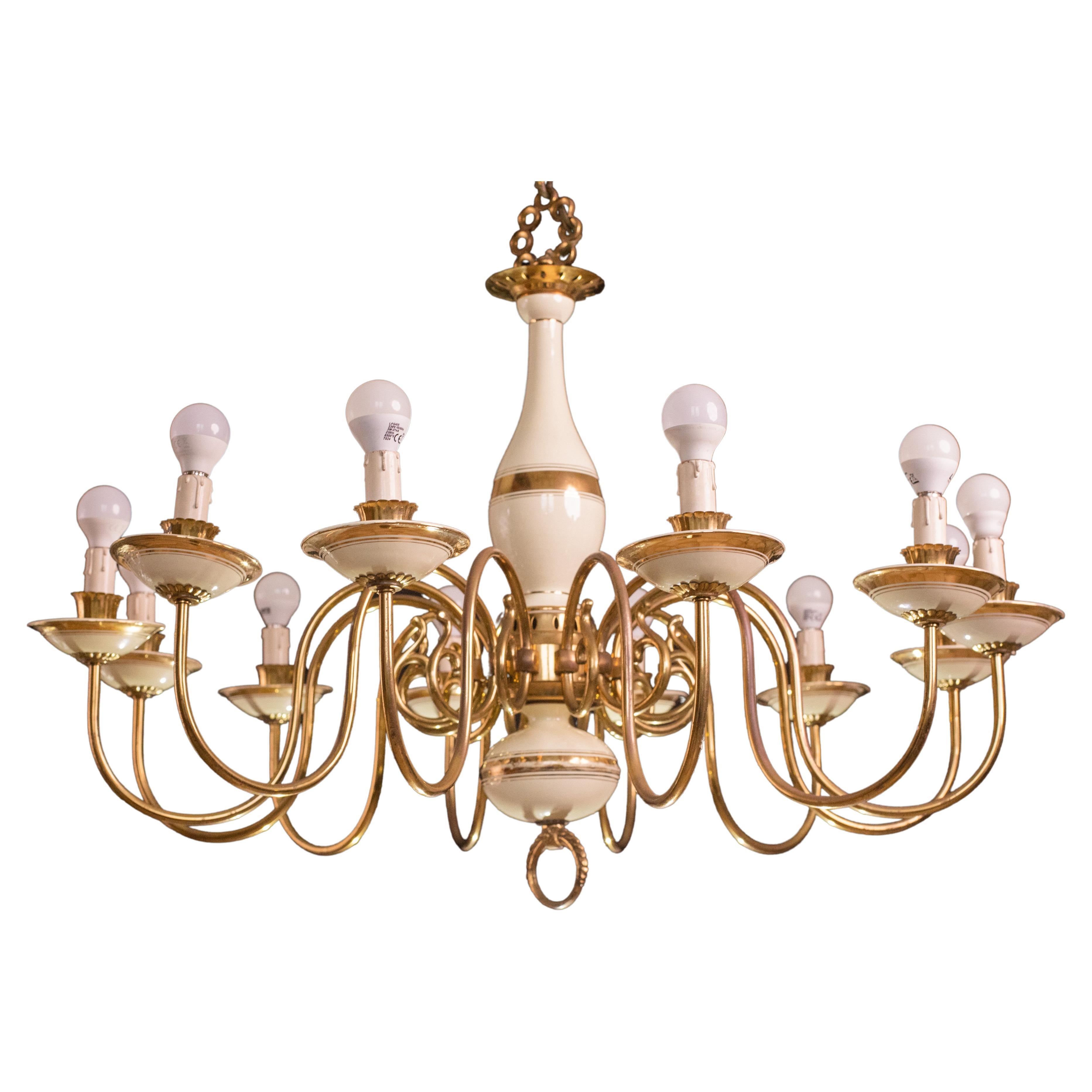 Monumental 12 Lights Art Deco Brass and Ceramic Chandelier, 1950s For Sale